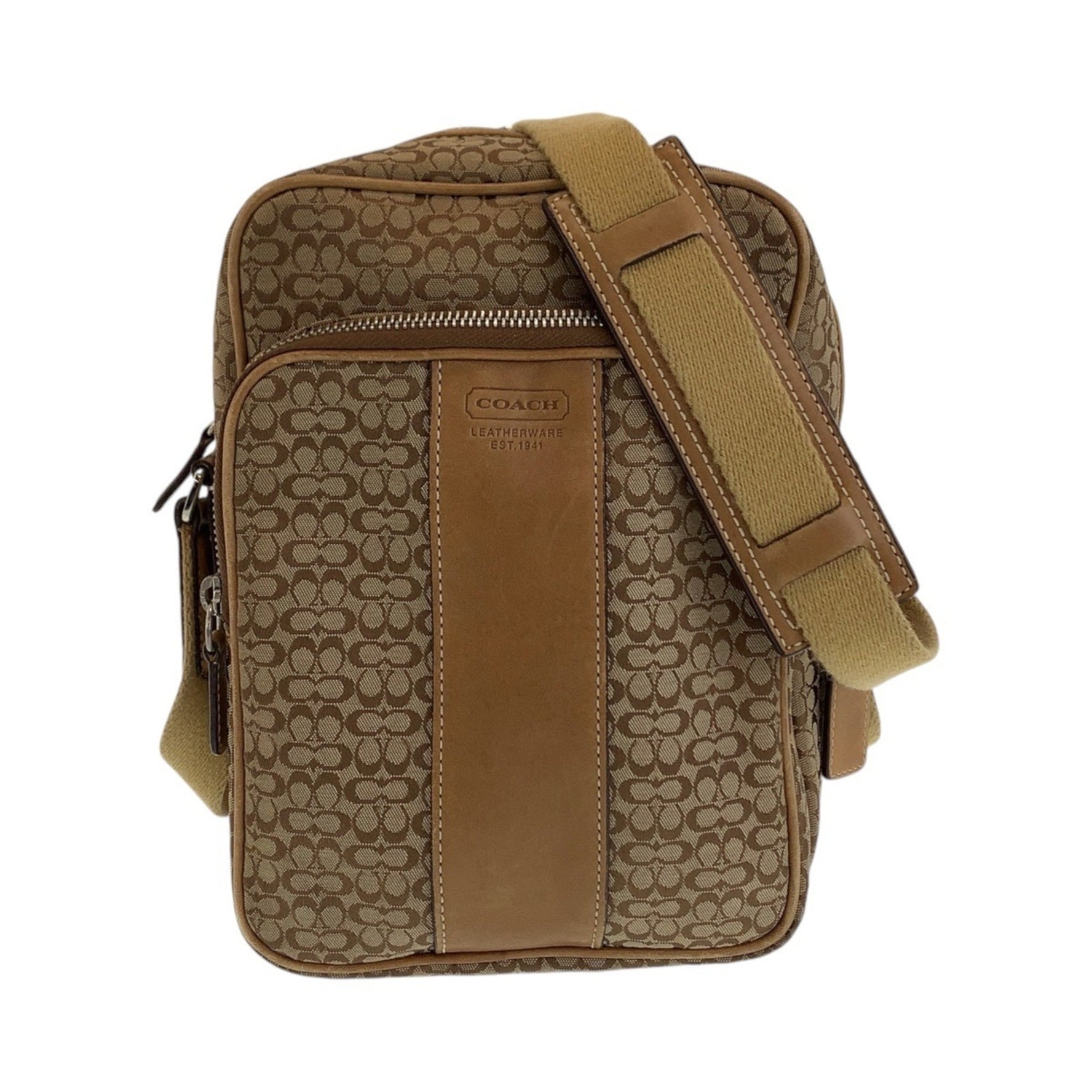 COACH Signature Brown Beige Silver Hardware Canvas Leather Crossbody Shoulder Bag Pochette