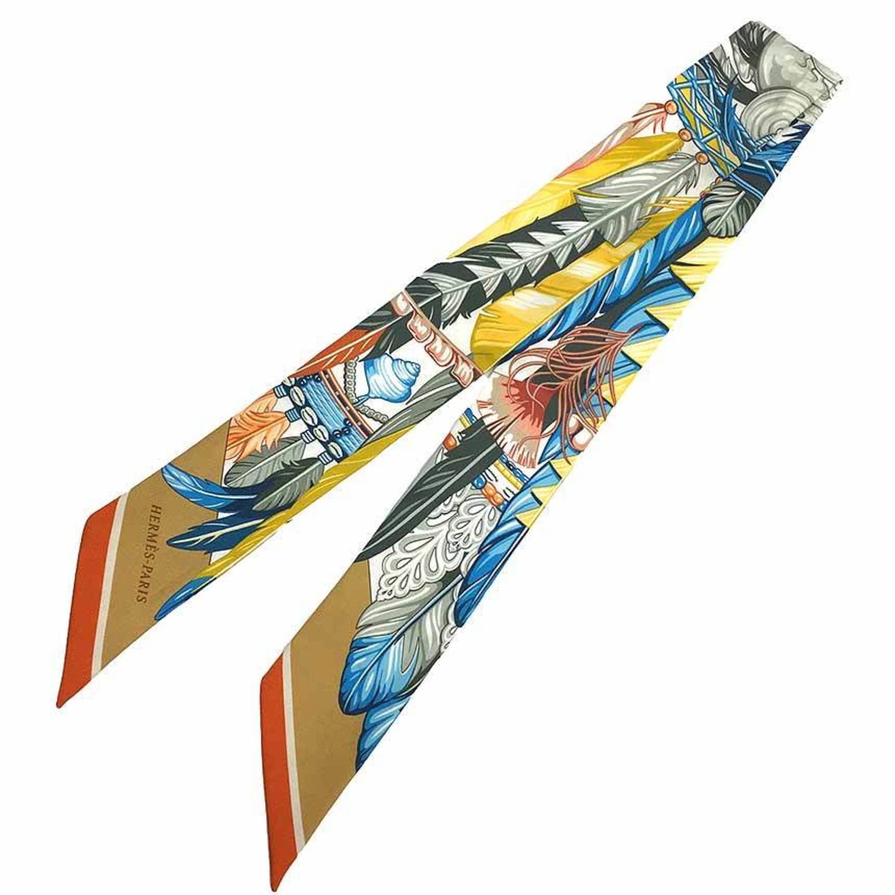 HERMES Twilly Scarf Muffler DANSE PACIFIQUE 2021 Yellow x Blue 100% Silk