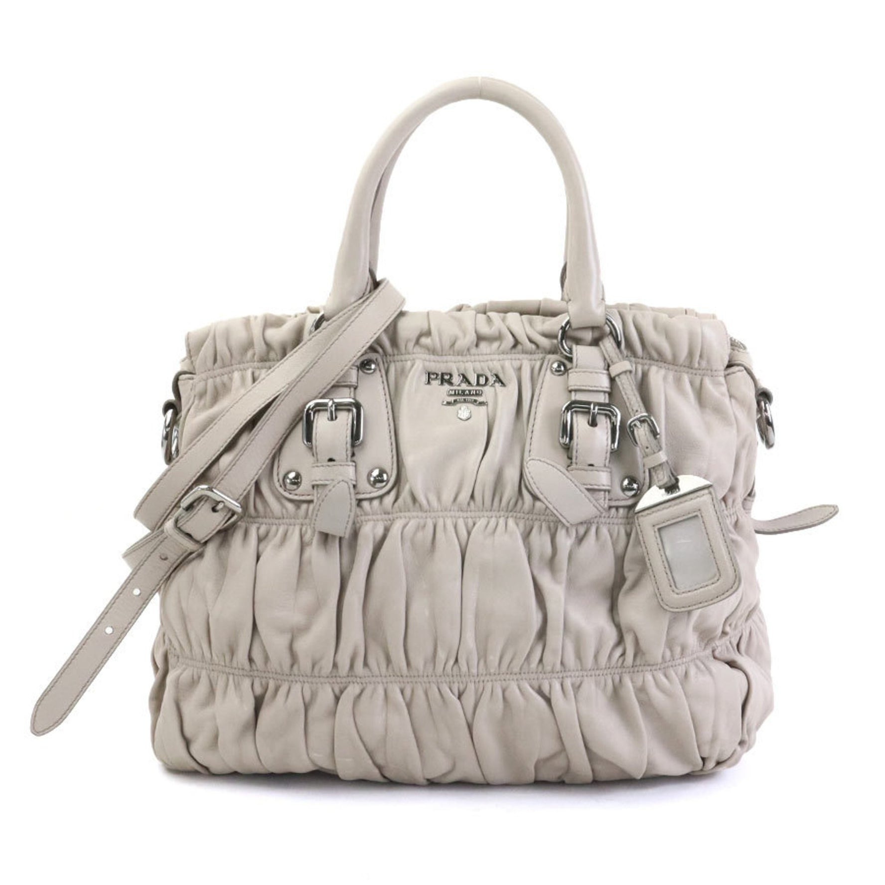 PRADA handbag shoulder bag leather beige silver ladies