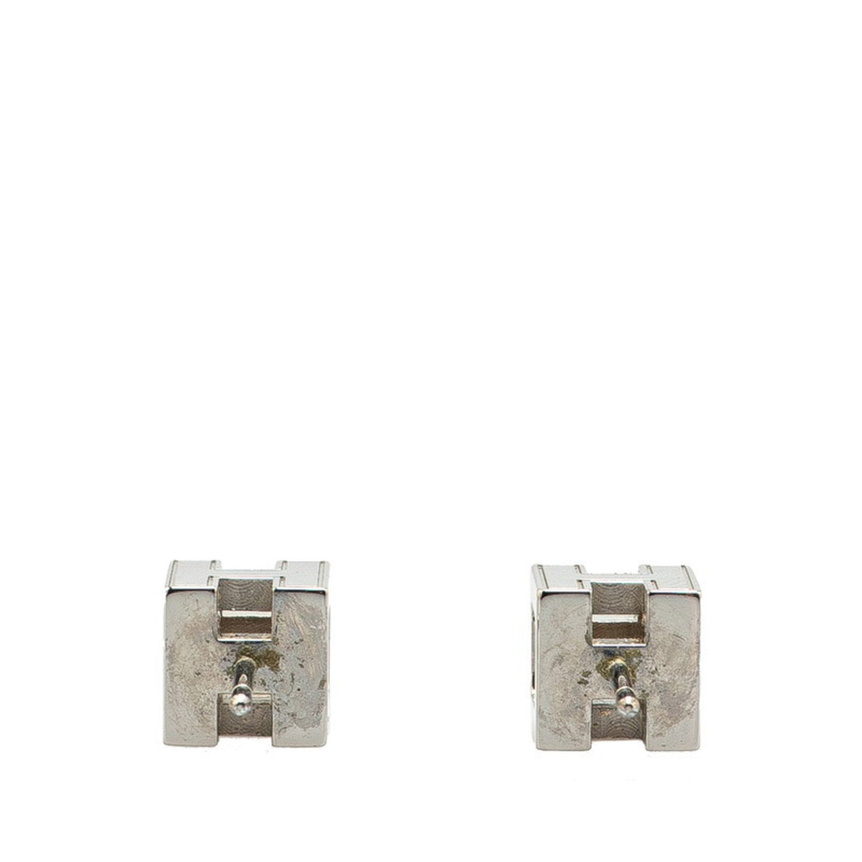 Hermes Hermès Cage de H Cube Stud Earrings in Silver and Off-White Metal