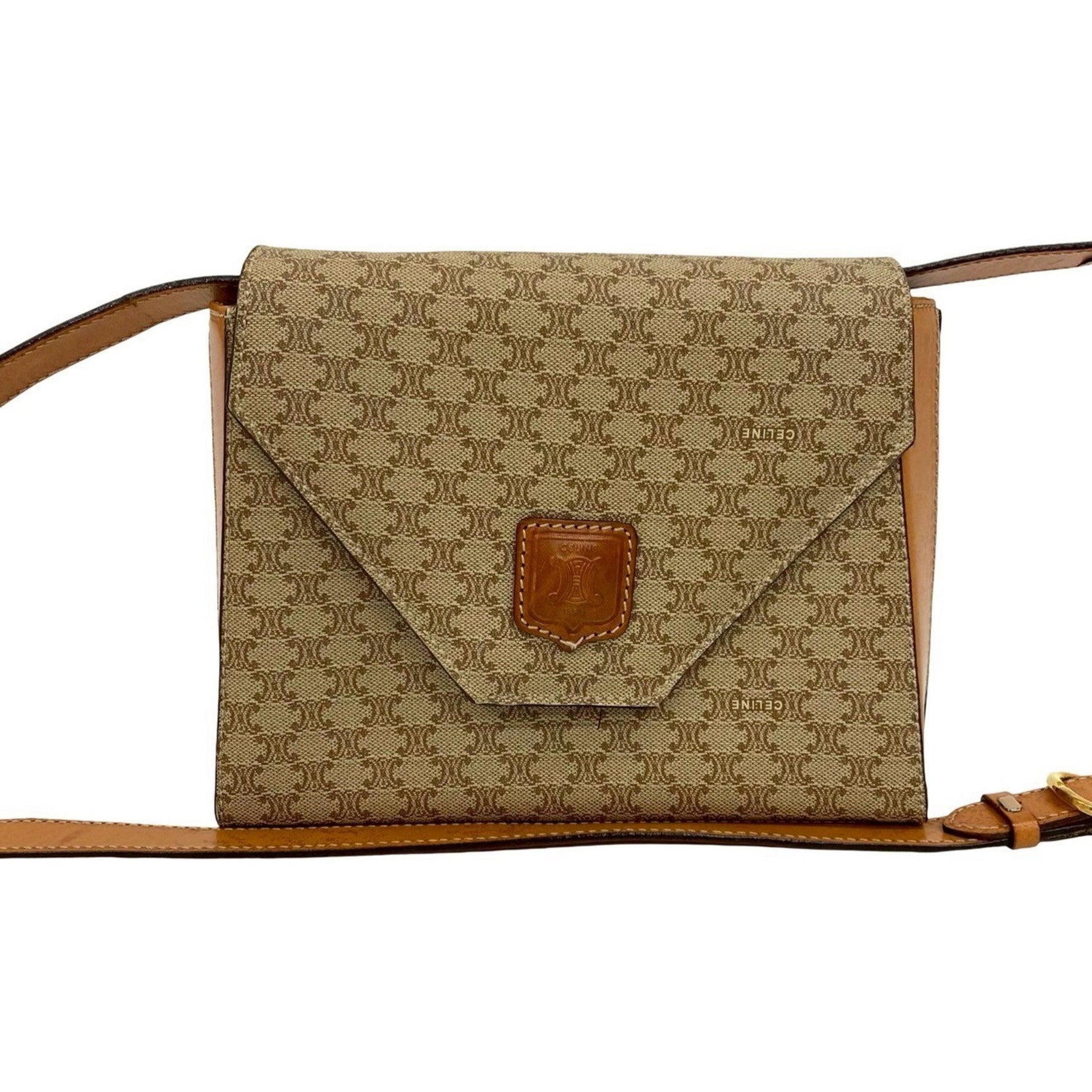 CELINE Macadam Blason Pattern Triomphe Logo Leather Shoulder Bag in Beige and Brown