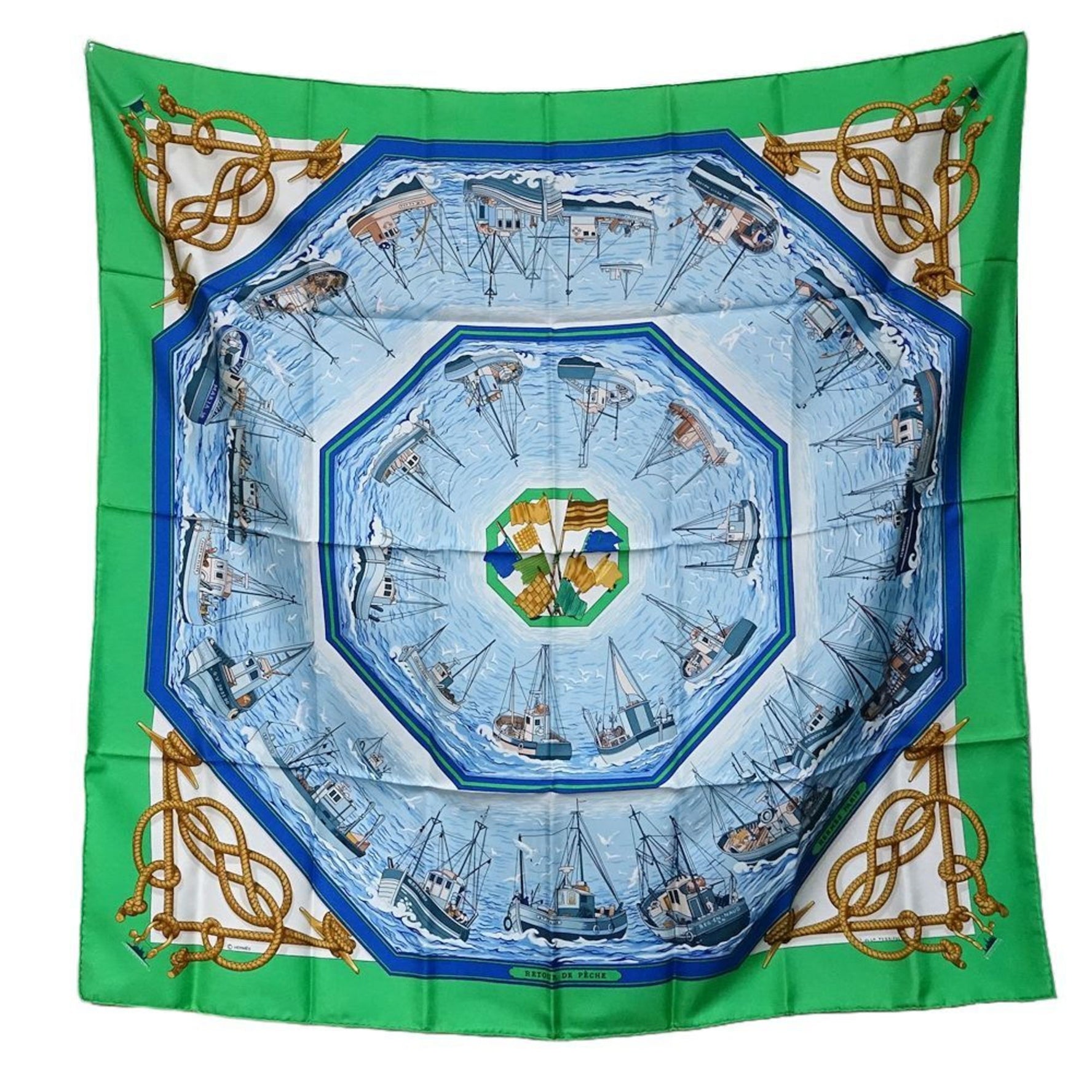 HERMES Scarf/Muffler Carre 90 Fishing Boats Returning to Port RETOUR DE PECHE Silk Green Multicolor