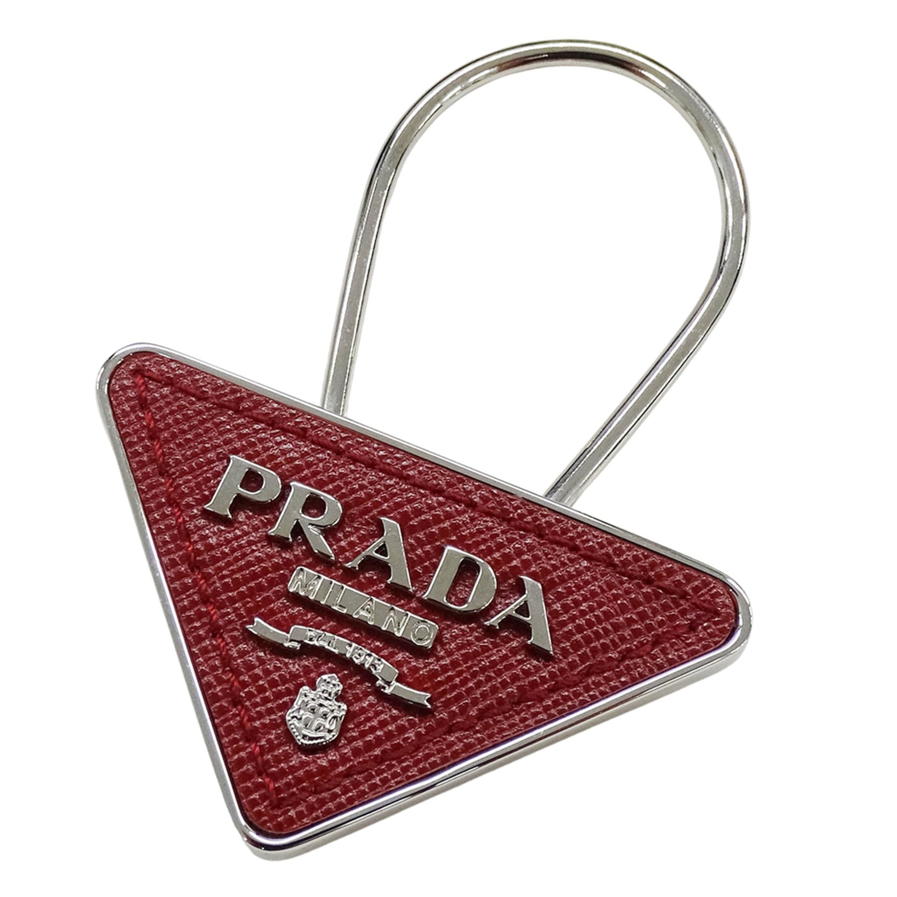 Prada Key Ring Metal Leather Triangle Design with Red Silver Hardware Logo