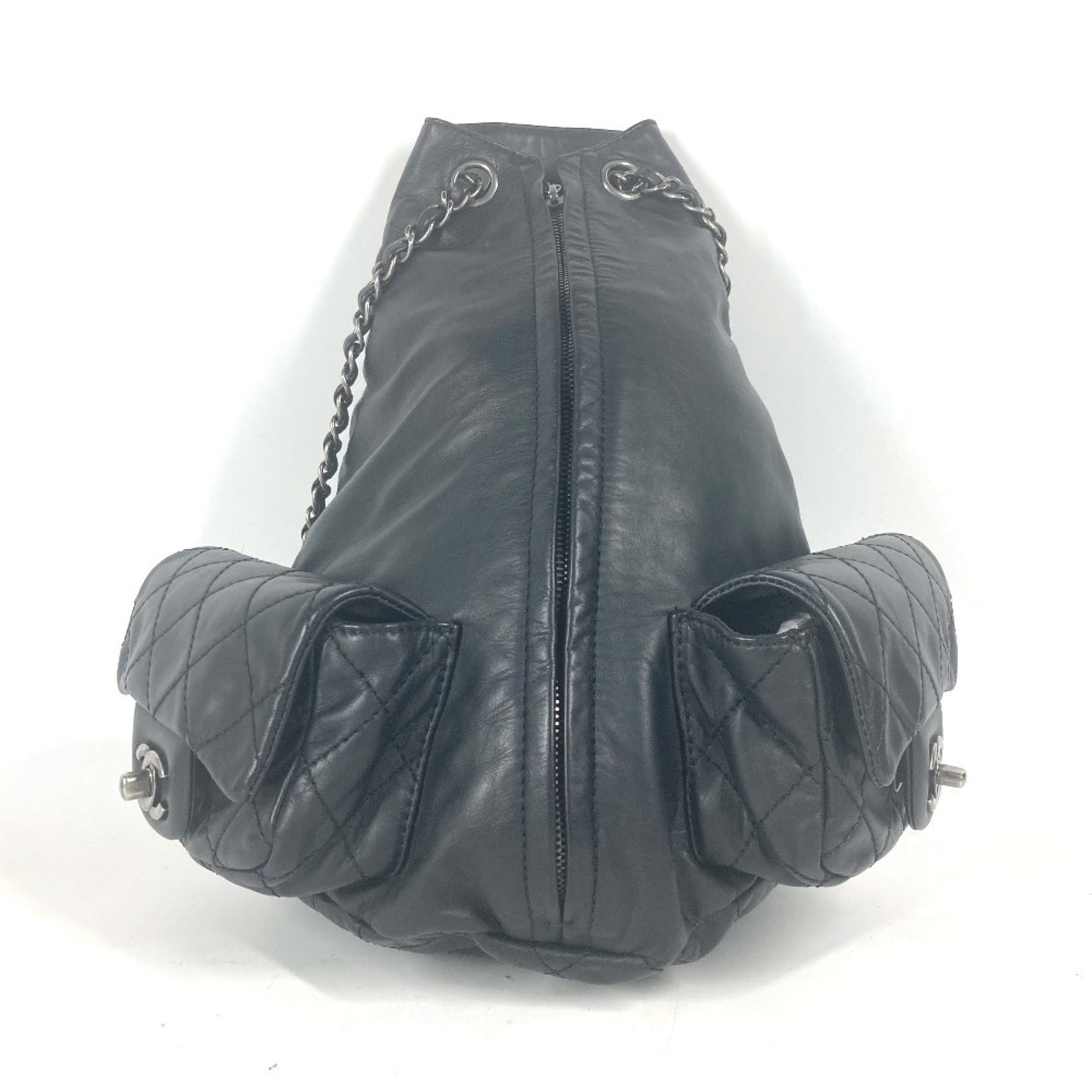 CHANEL Double Pocket Quilted Bag Zipper Chain Backpack Gunmetal Rucksack Leather