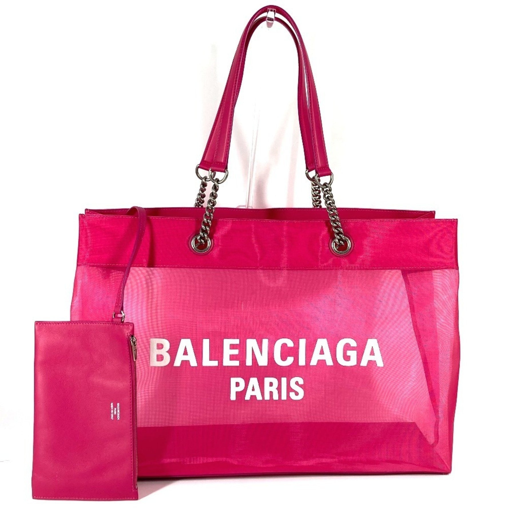BALENCIAGA Mesh with Pouch DUTY FREE LARGE Logo Shoulder Bag Tote Polyester Lambskin Pink