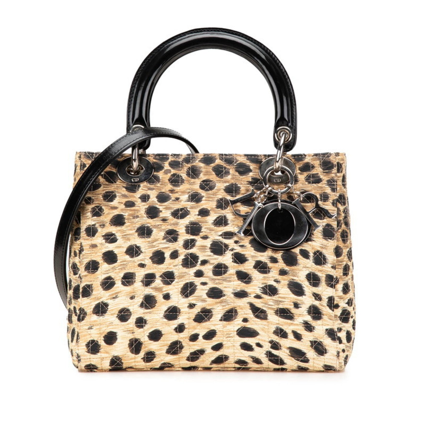 Christian Dior Dior Lady Cannage Leopard Print Handbag/Shoulder Bag, Beige/Brown Canvas, Enamel