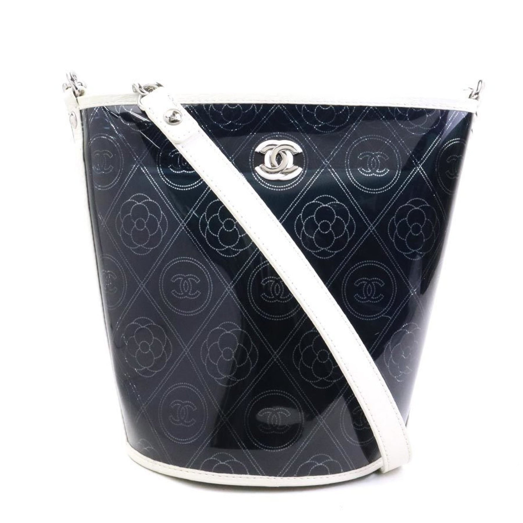 CHANEL Camellia Leather Shoulder Bag, Black and White