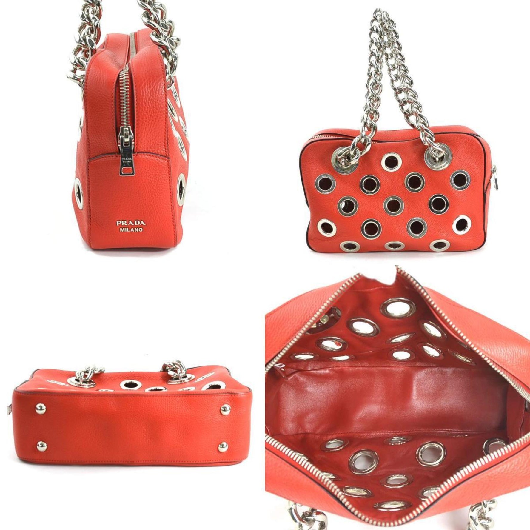 PRADA handbag leather metal red silver