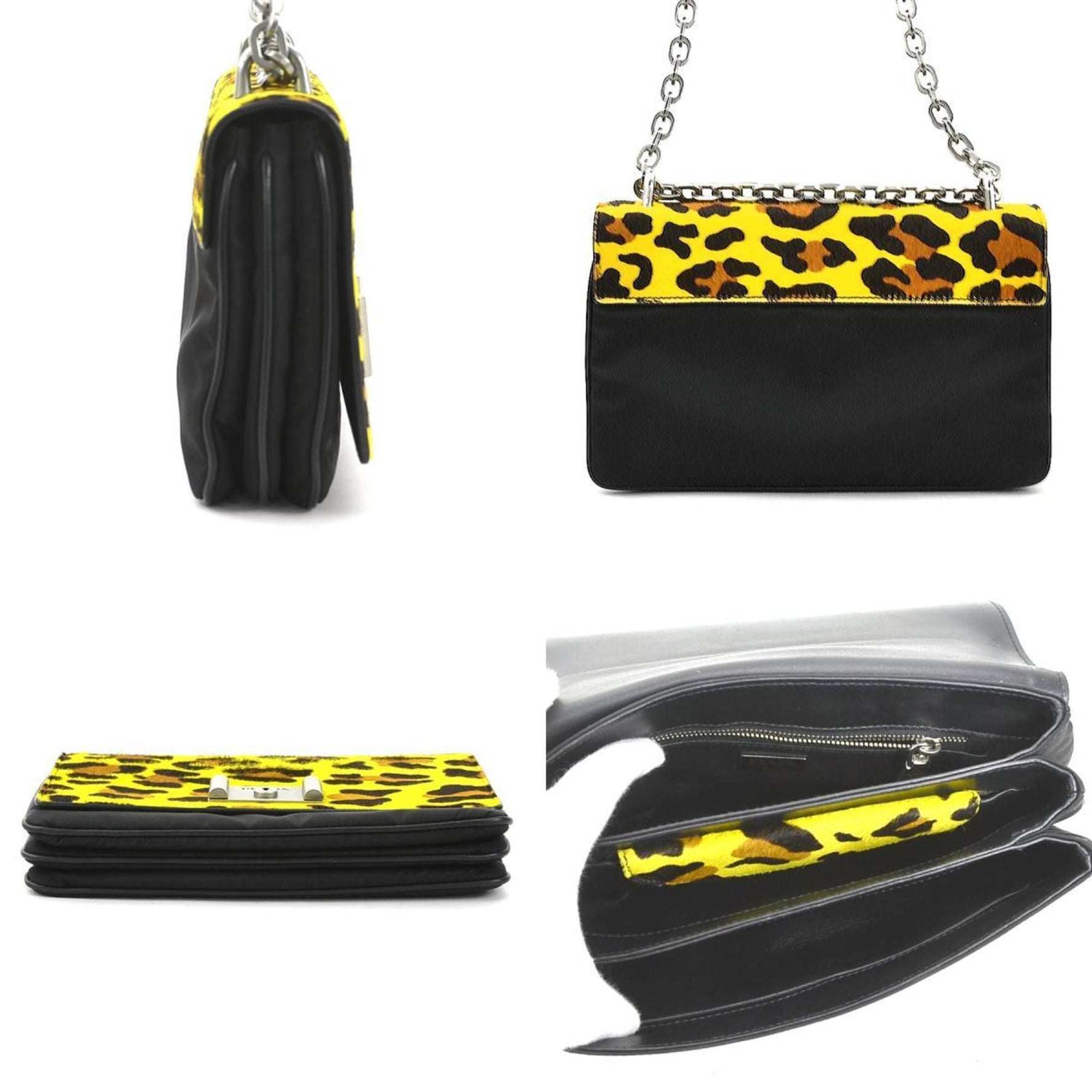 Prada Shoulder Bag Leopard Print Pony Nylon Yellow Brown Black Silver Women's w0905a