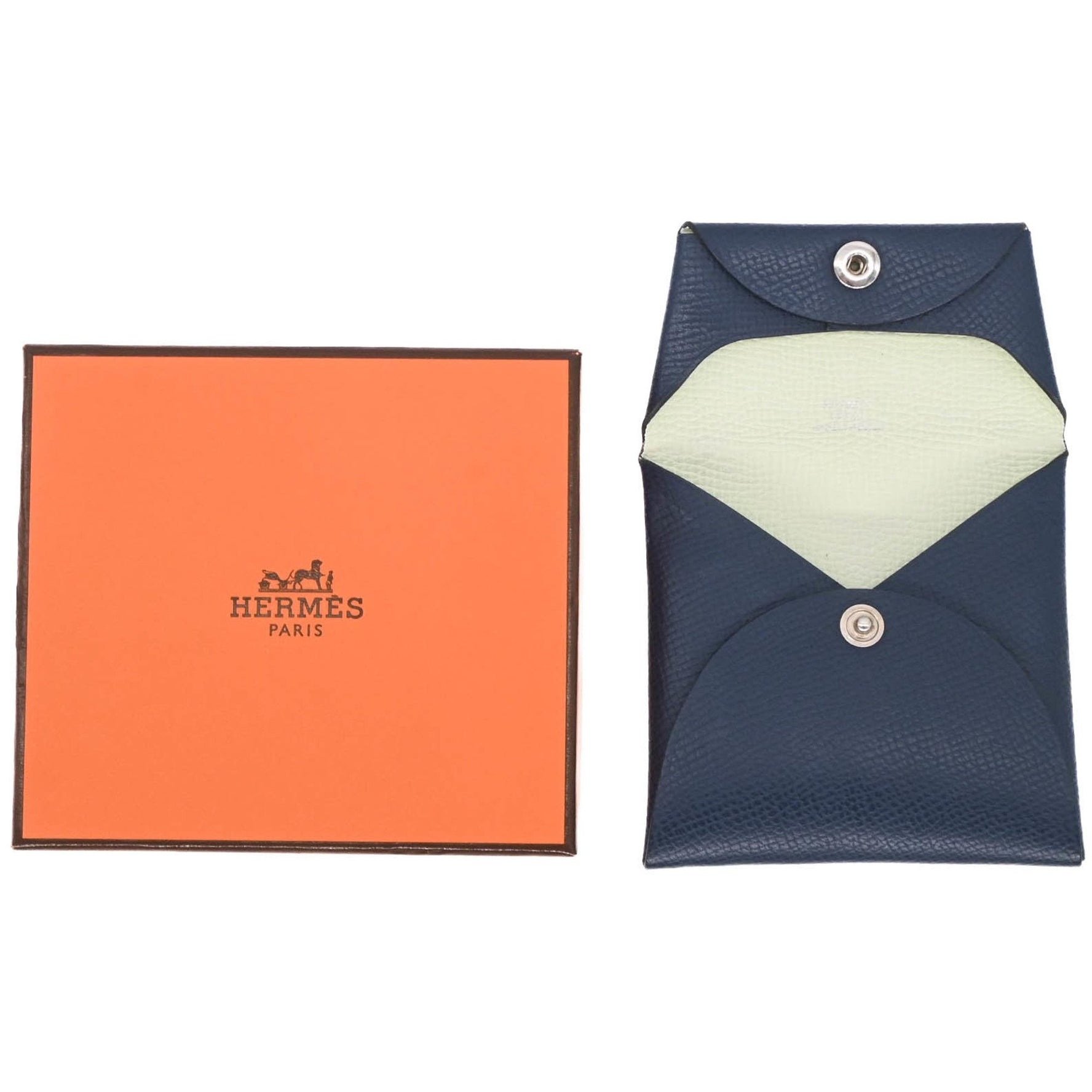 HERMES Bastia Wallet/Coin Case Verso Epsom Leather, Navy and Light Green Two-Tone, #W