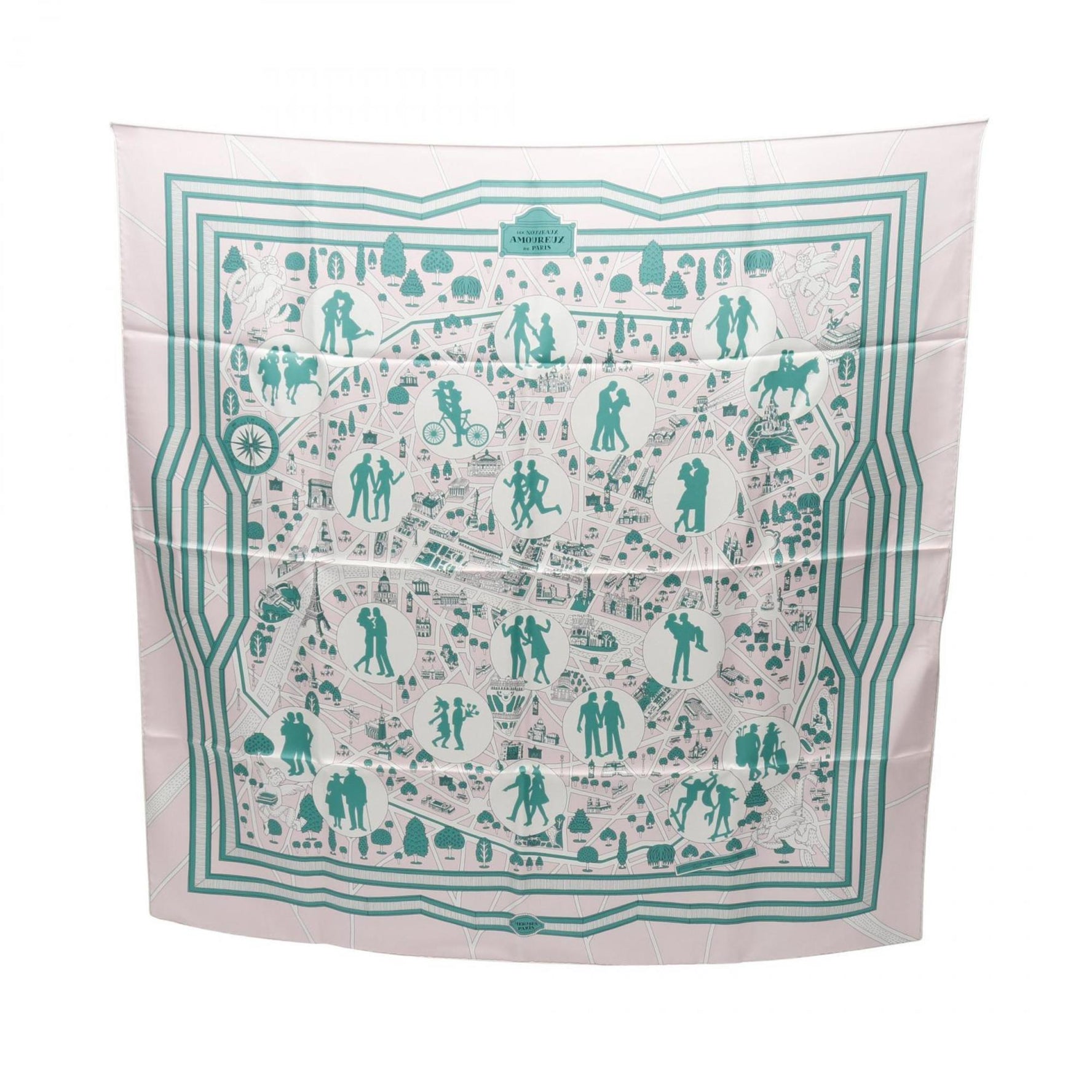 Hermès HERMES Carré 90 LES AMOUREUX DE PARIS Silk Scarf in Pink and Green