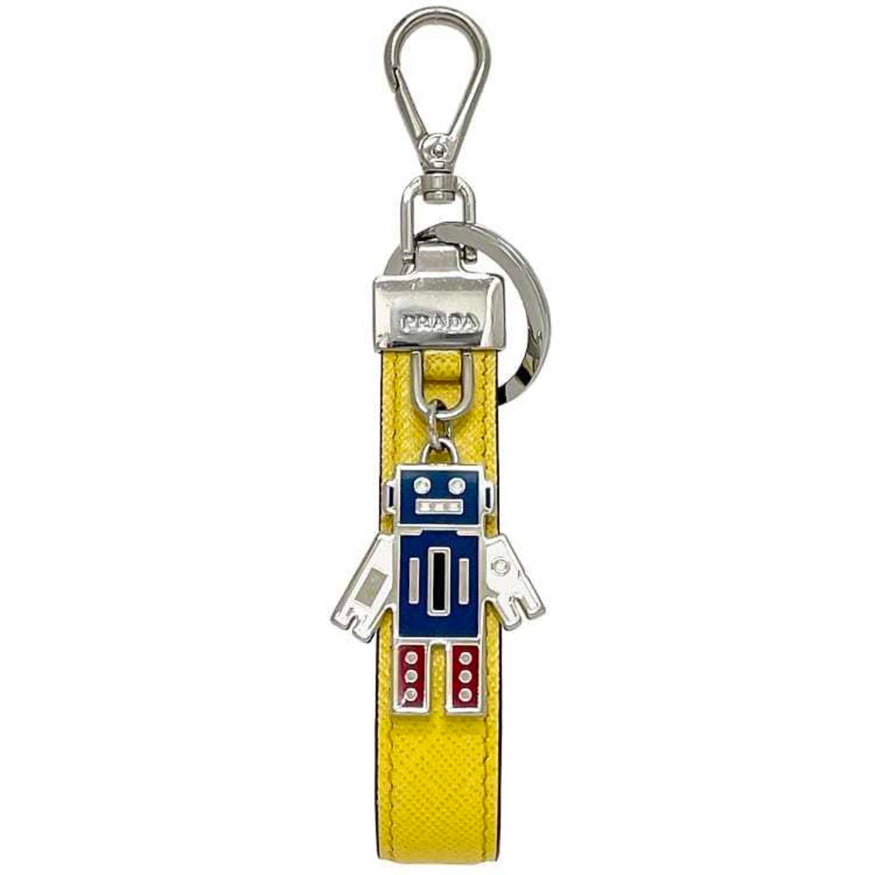 Prada Keychain SOLE Unused Saffiano Leather Metal Robot Key Holder Ring Robo Charm Men's