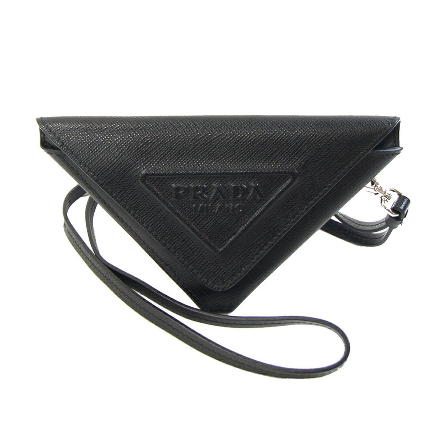 Prada Pouch Black Leather with Neck Strap Triangle Men's