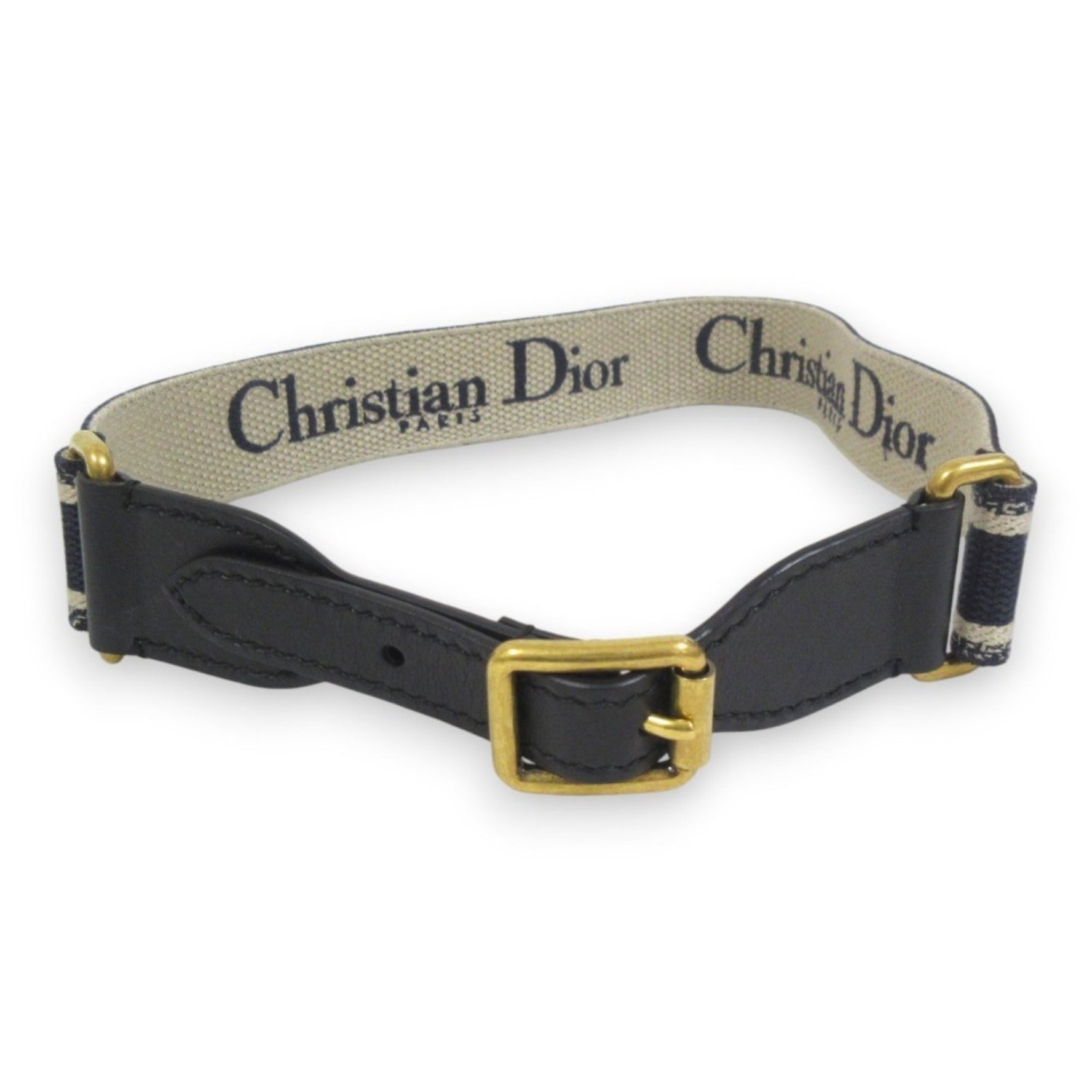 Christian Dior CD logo embroidered canvas leather belt size 70 navy x beige