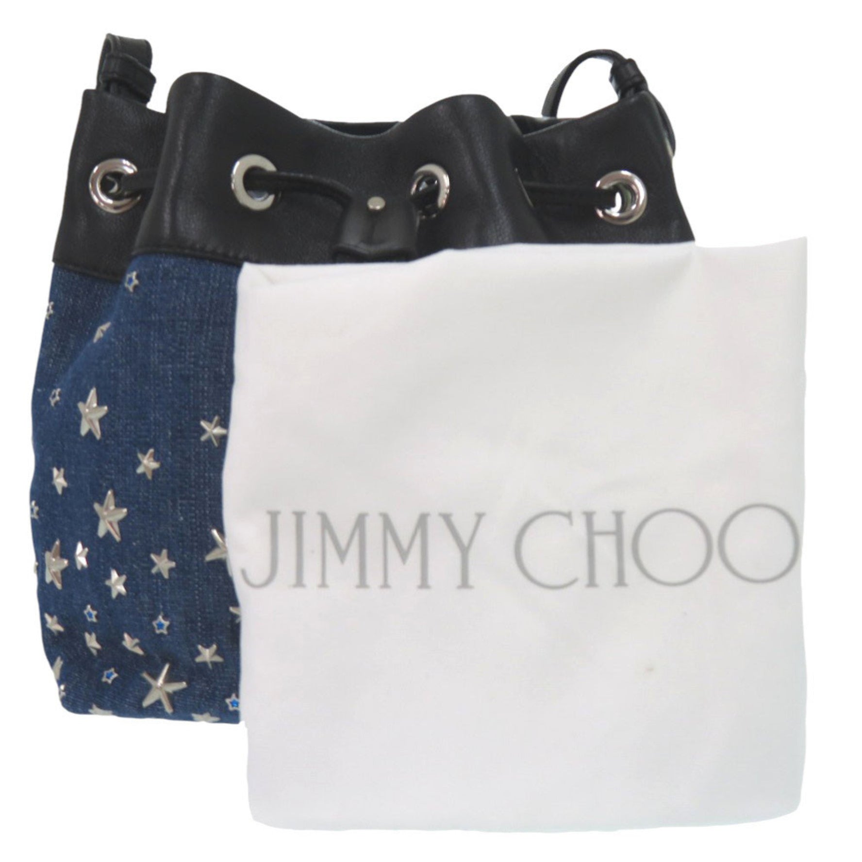 Jimmy Choo Star Studs JUNO S Drawstring Bag in Denim, Leather, Blue, and Black. 0944 JIMMY CHOO