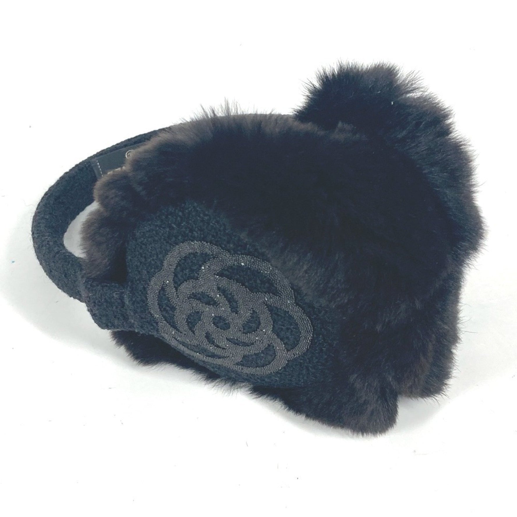 CHANEL Earmuffs Ear Warmers Camellia Stone CC Coco Mark Scarf Fur