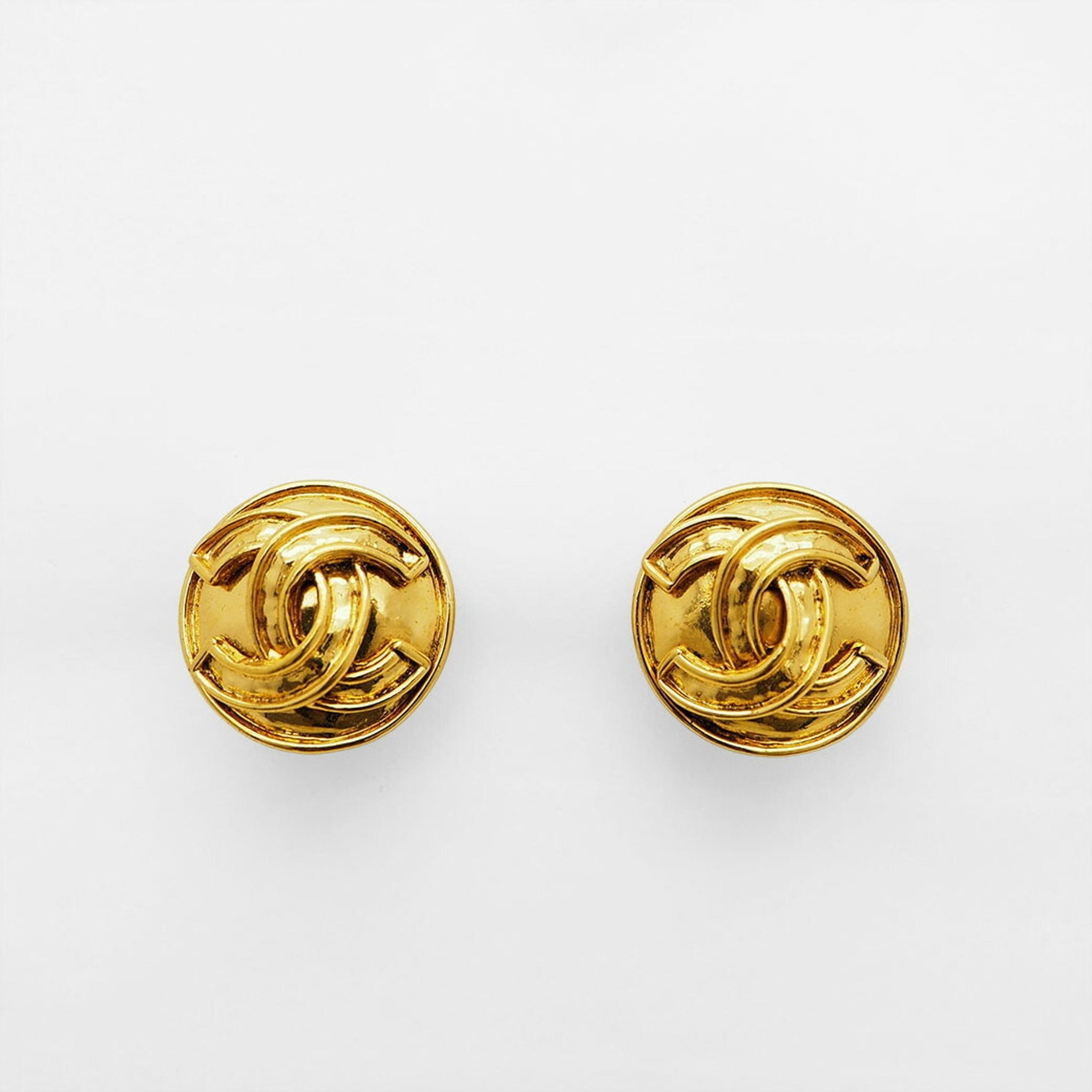 CHANEL Vintage Round Coco Earrings Gold Border Logo