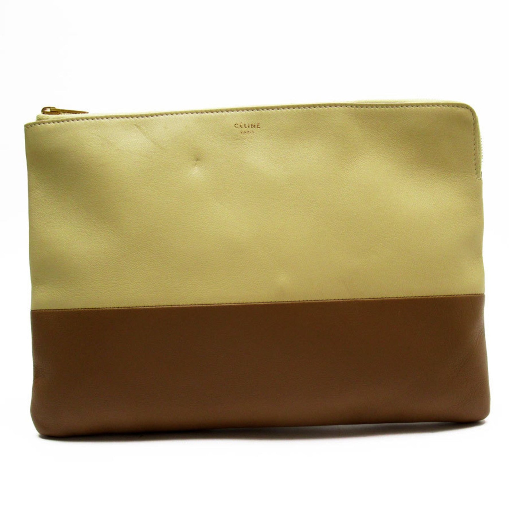 CELINE Clutch Bag Leather Cream x Brown Men's