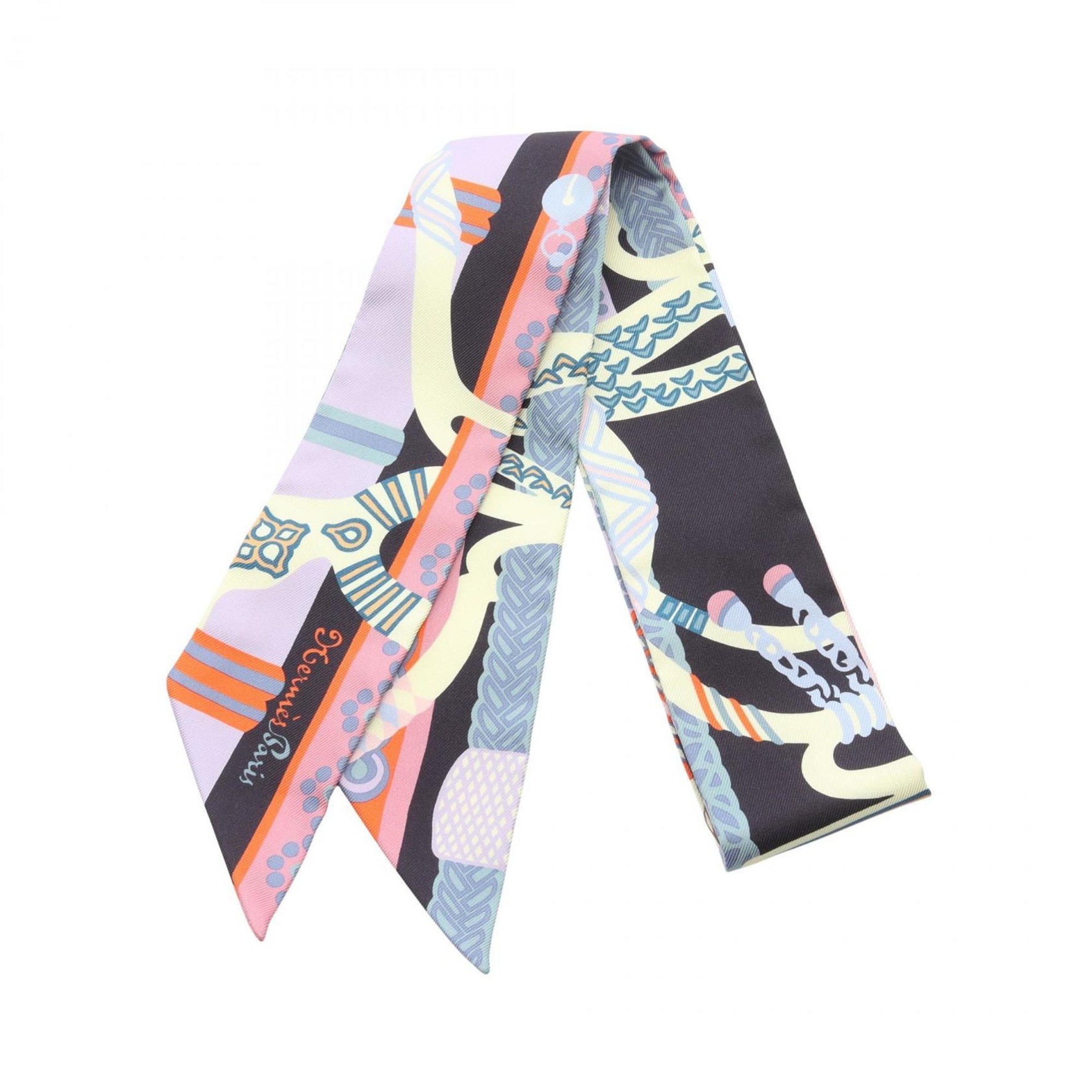 Hermes Hermès Twilly Fantaisie d'Etriers Silk Scarf in Black and Multicolor