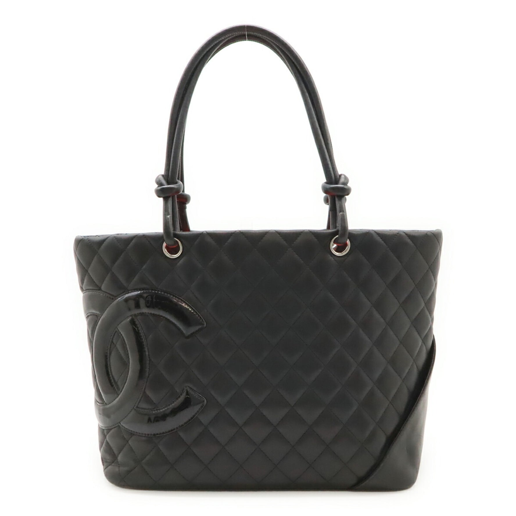 CHANEL Cambon Line Coco Mark Large Tote Shoulder Bag in Soft Calfskin Enamel, Black and Pink