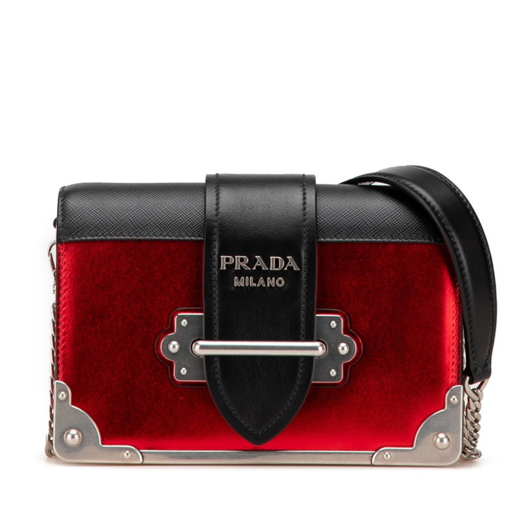 Prada Cahier Crossbody Chain Shoulder Bag Red Black Silver Hardware Leather