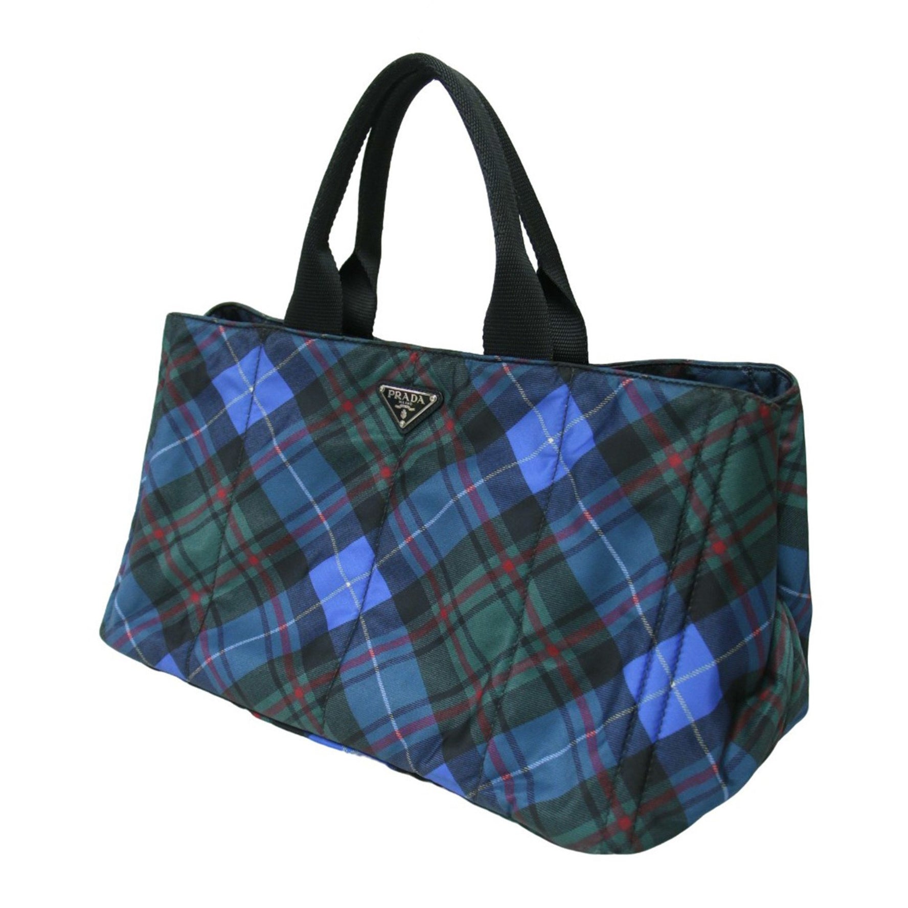 PRADA Canapa Check Nylon Tote Bag in Blue, Green, and Black. Triangle Plate.