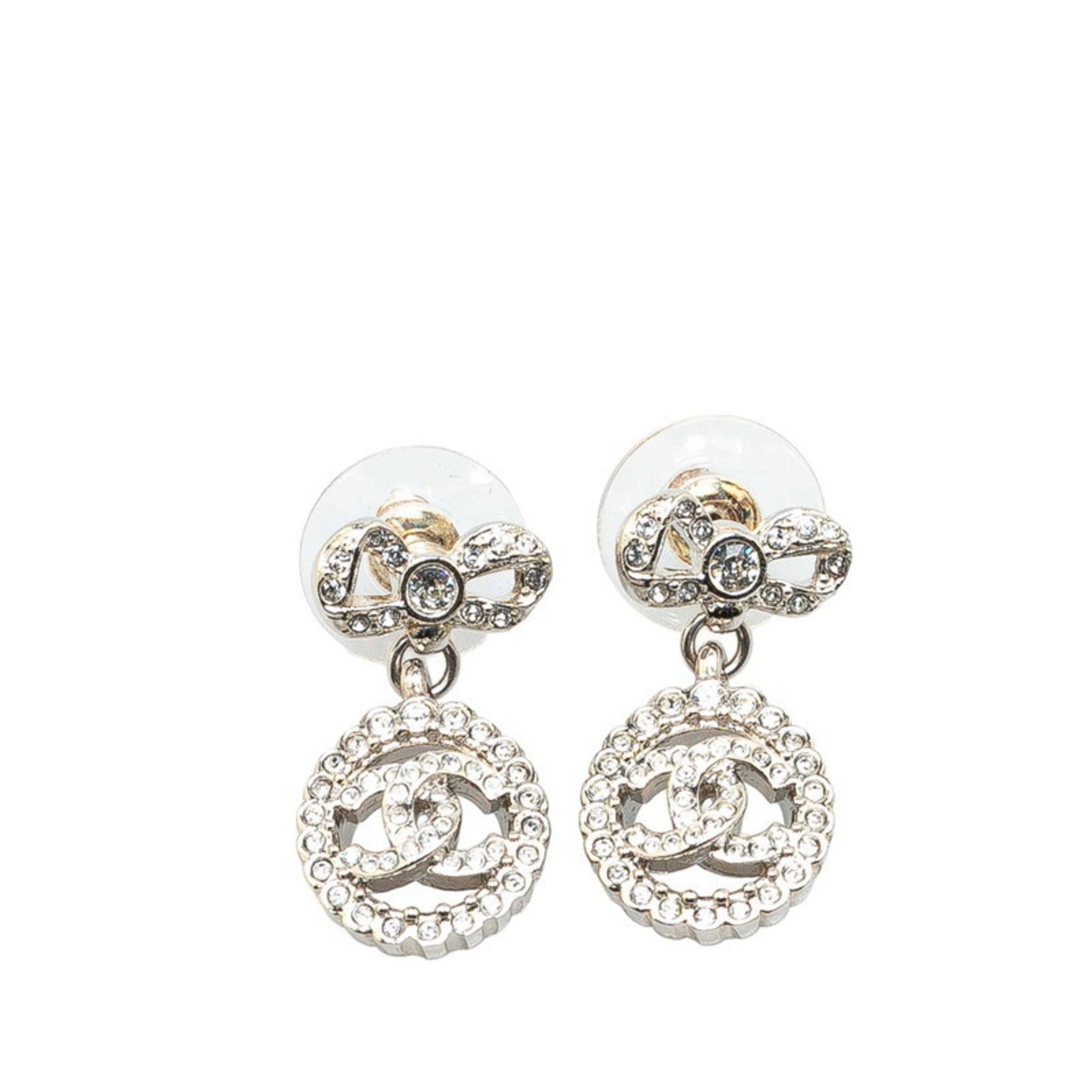 CHANEL Coco Mark Ribbon Motif Rhinestone Stud Earrings in Metal