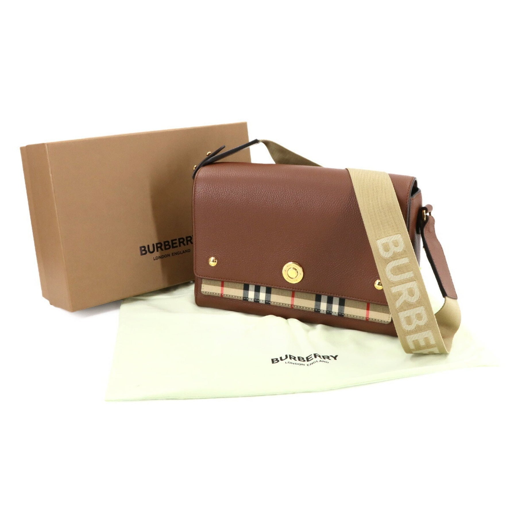 Burberry Note Shoulder Bag in Check Leather, Canvas, and Tan Brown (8021111)