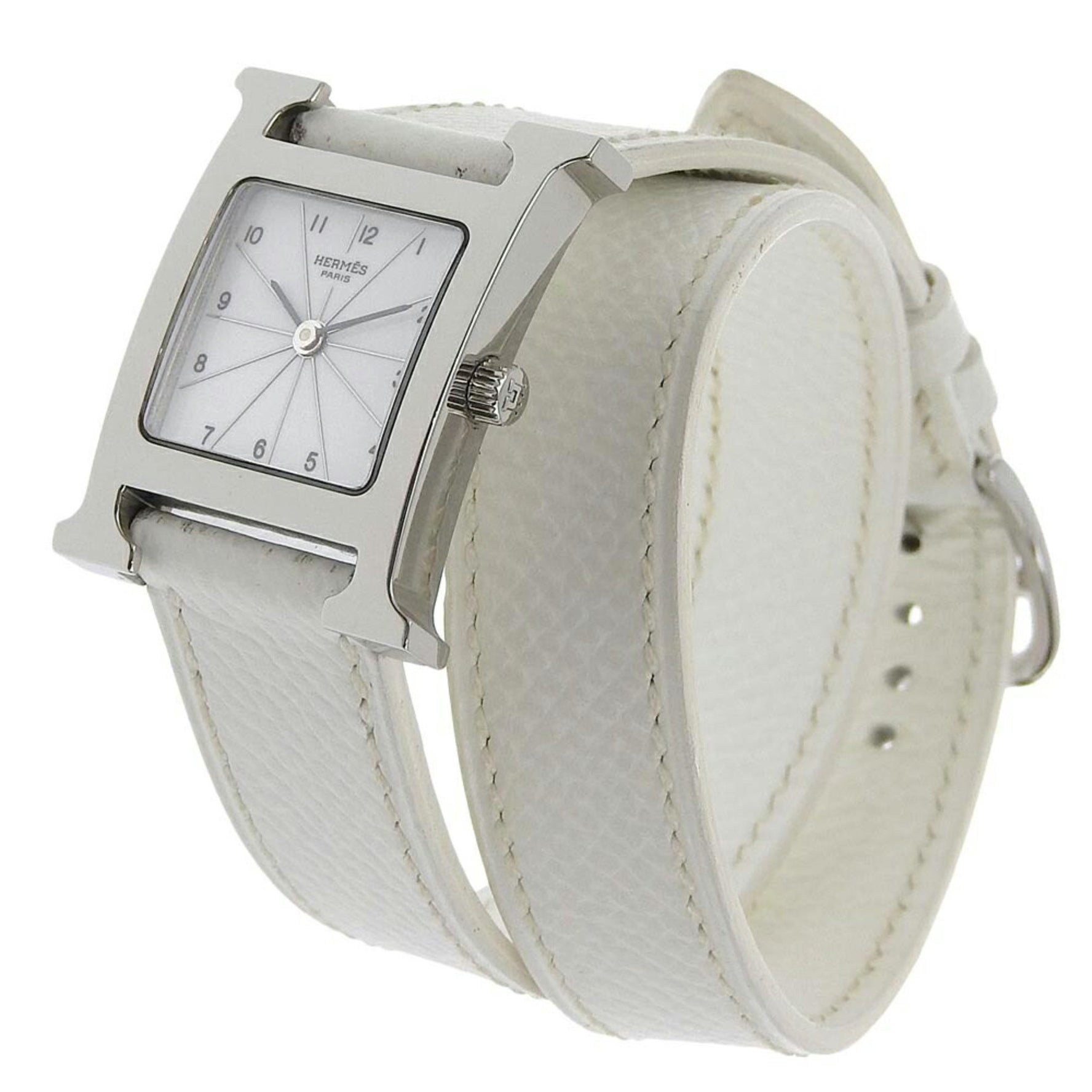 Hermes H Watch Wristwatch Stainless Steel x Leather 2005 Quartz Analog Display White Dial Ladies
