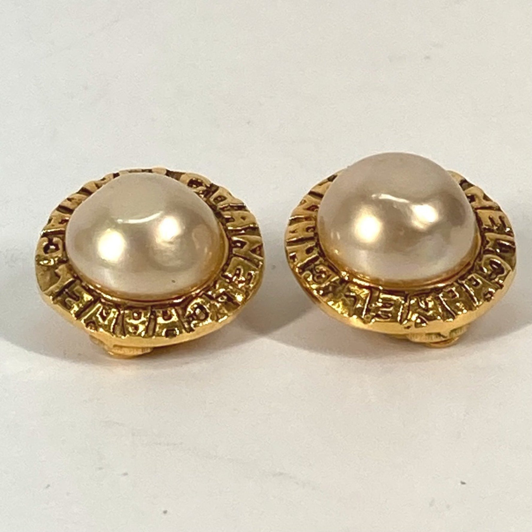 CHANEL Vintage Round Logo Faux Pearl Earrings, Metal
