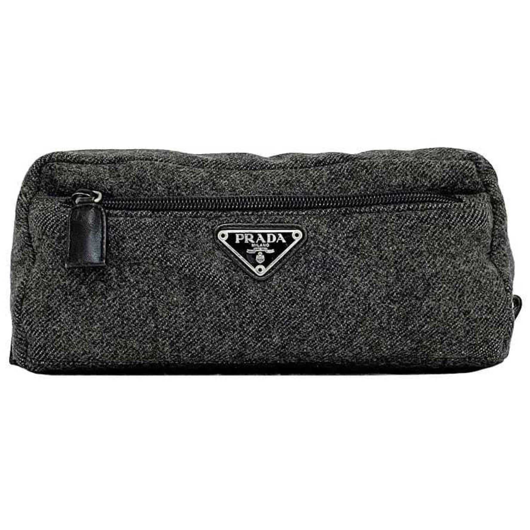 Prada Pouch Grey Tessuto Tweed Wool Nylon Triangle Plate Men's