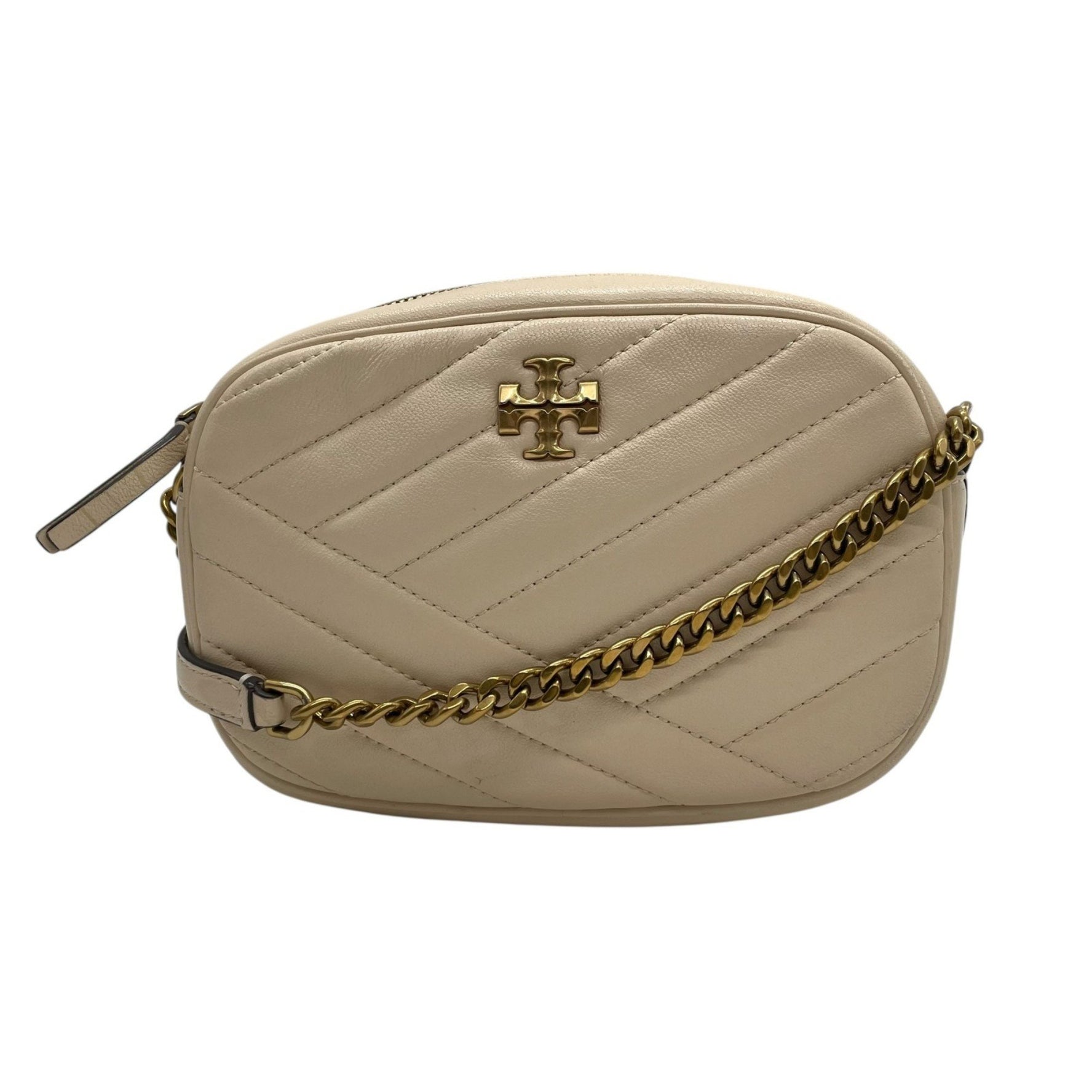 TORY BURCH Kira Camera Bag Shoulder Ivory Beige Leather Gold Hardware Quilted Logo Chain Women's K9