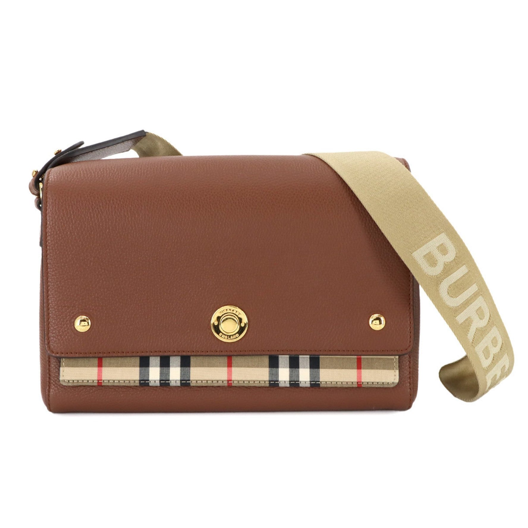 Burberry Note Shoulder Bag in Check Leather, Canvas, and Tan Brown (8021111)