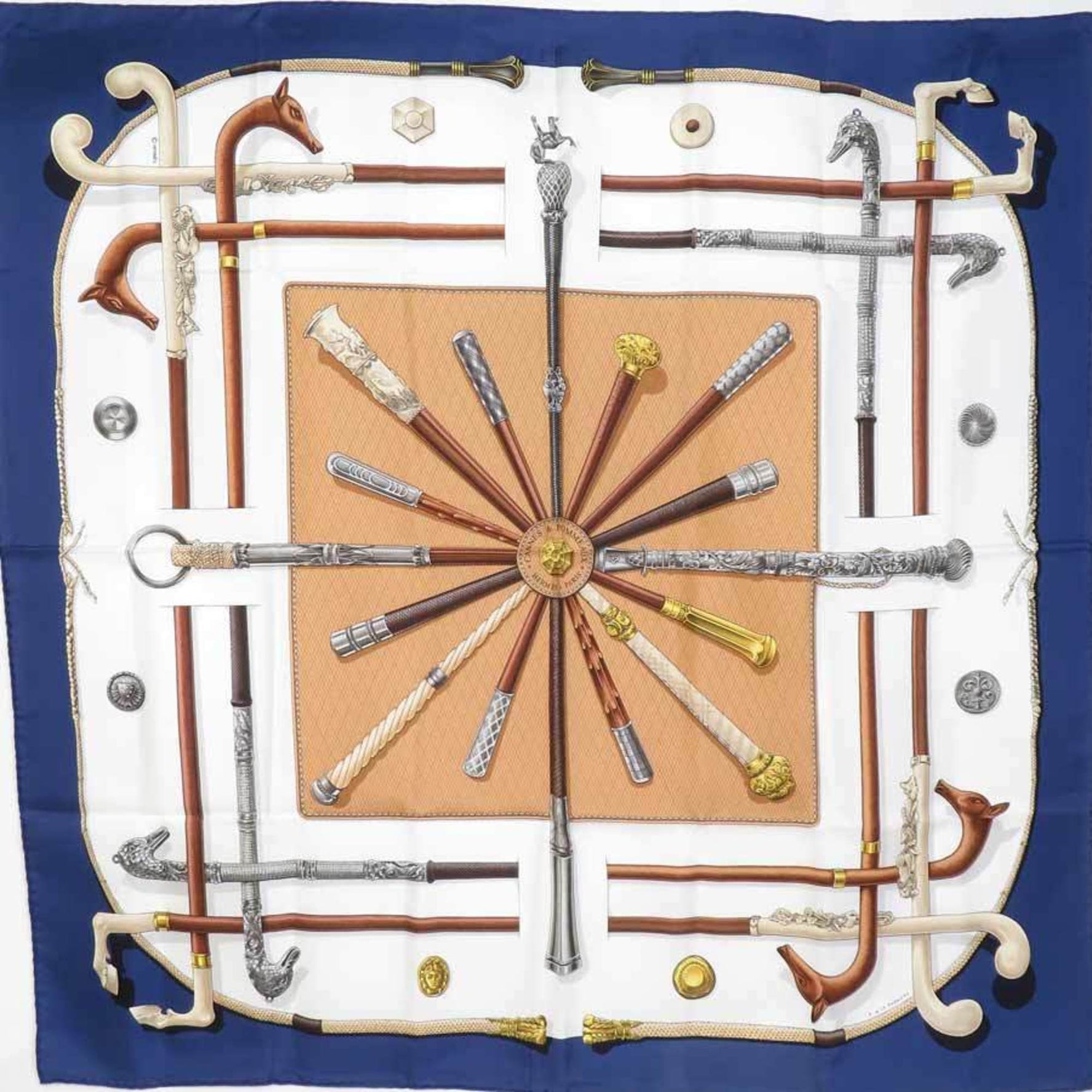 Hermes Scarf/Muffler Carre 90 CANNES & POMMEAUX Silk Navy Blue Multicolor