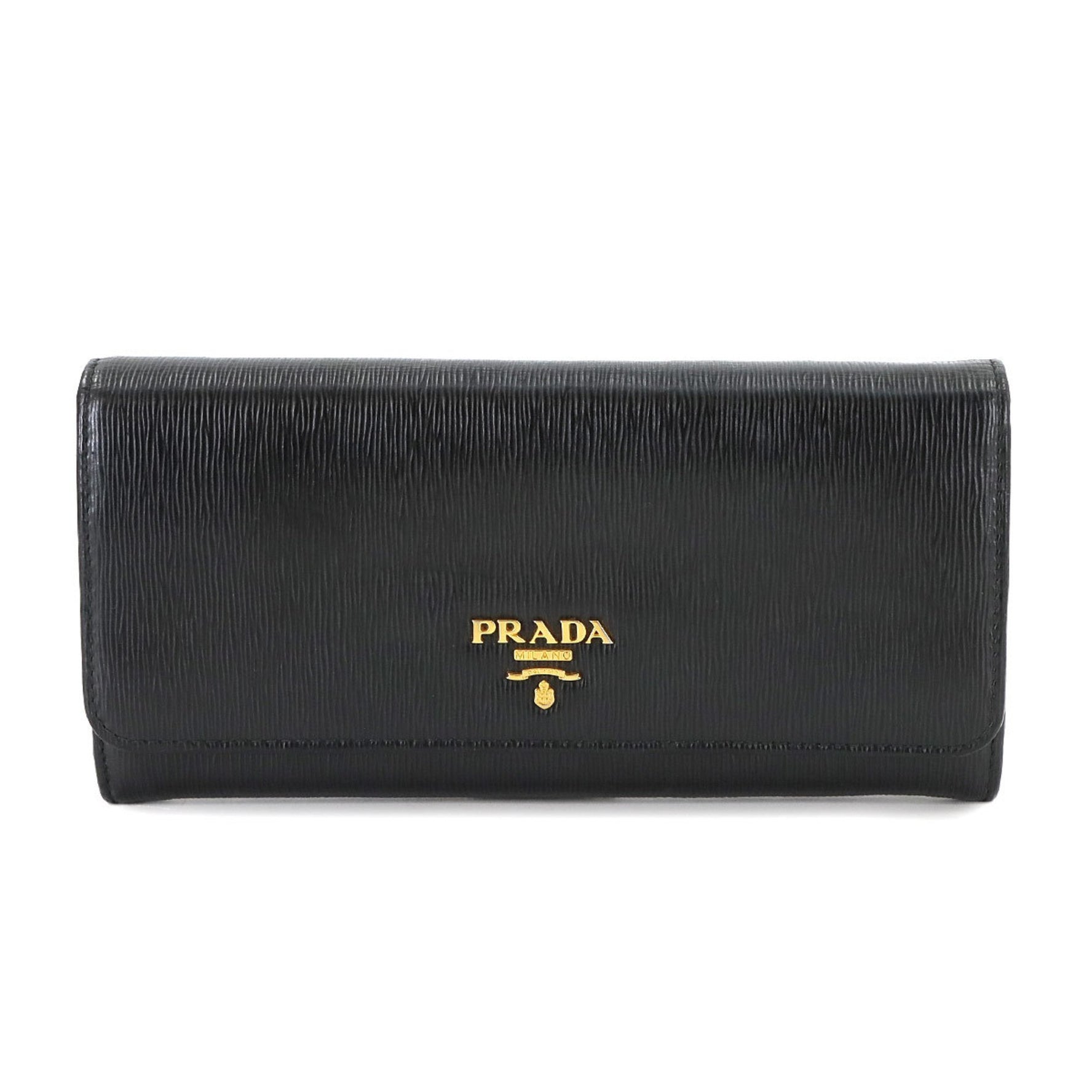 Prada PRADA Bifold Long Wallet, Black Leather, 1MH132, with Gold Hardware