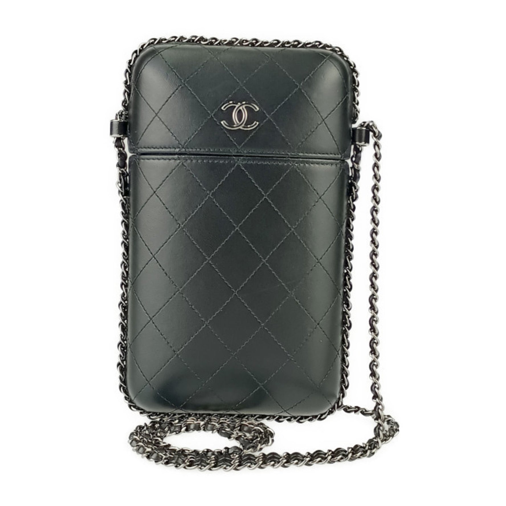 CHANEL Shoulder Bag Chain Phone Holder Lambskin Case Pochette Coco Mark Matelasse