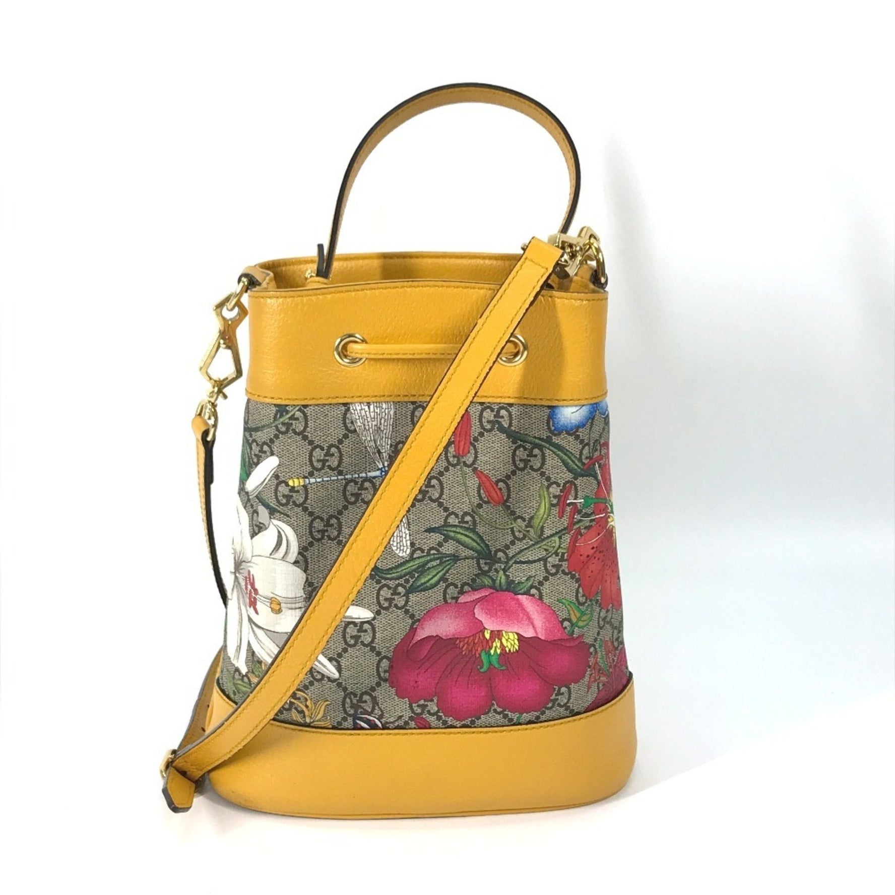GUCCI GG Flora Flower Small Bucket Shoulder/Handbag, Supreme Canvas, Beige