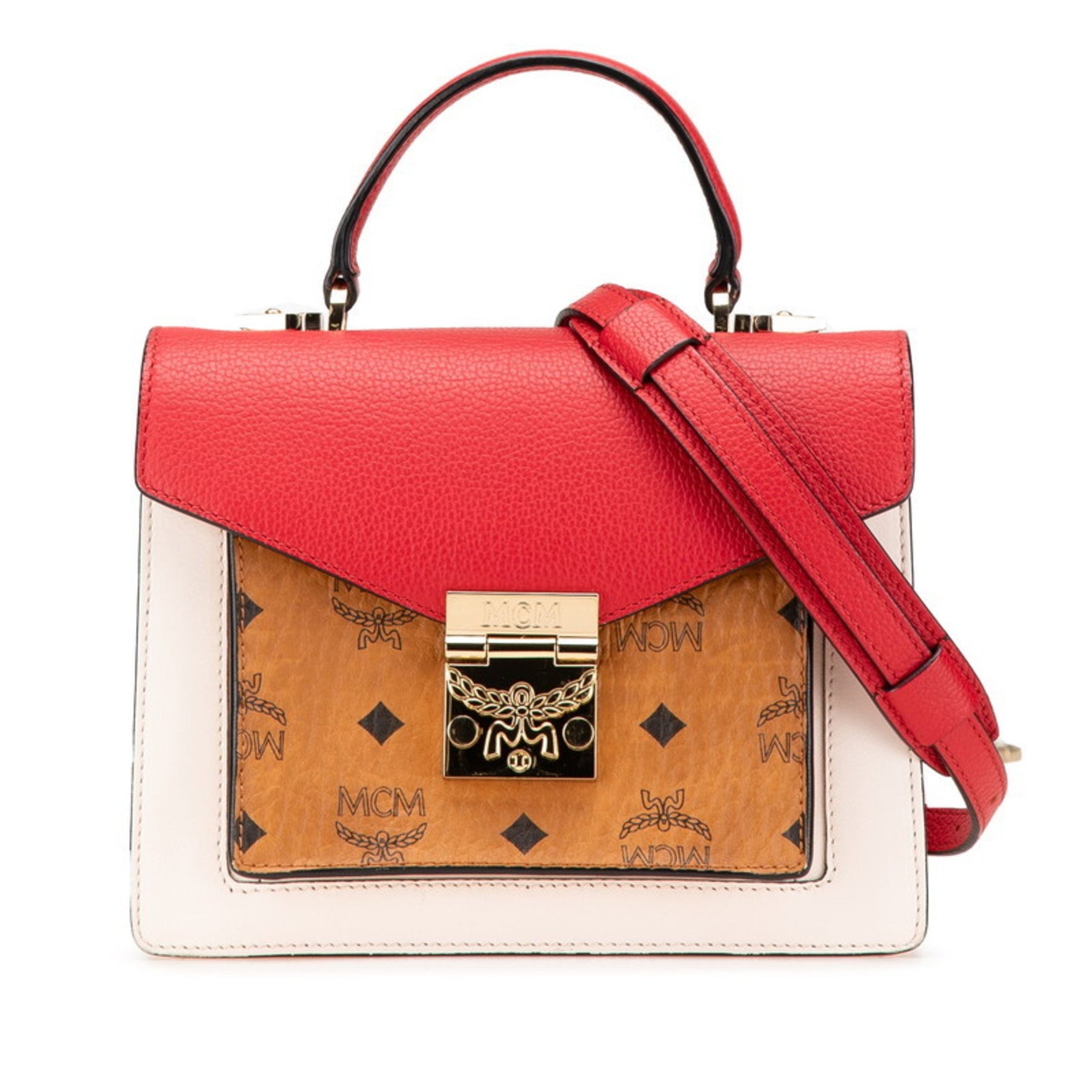 MCM Visetos Handbag Shoulder Bag Beige White Red PVC Leather
