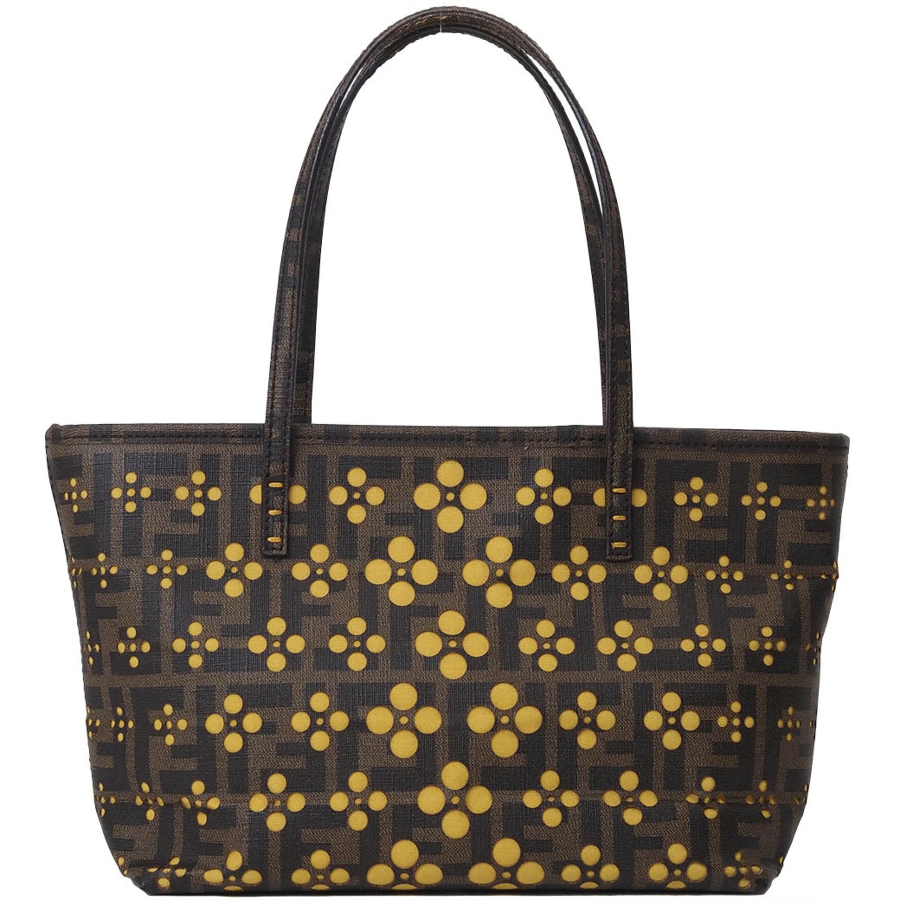 FENDI ZUCCA FLOWER PULLING TOTE BAG BROWN YELLOW