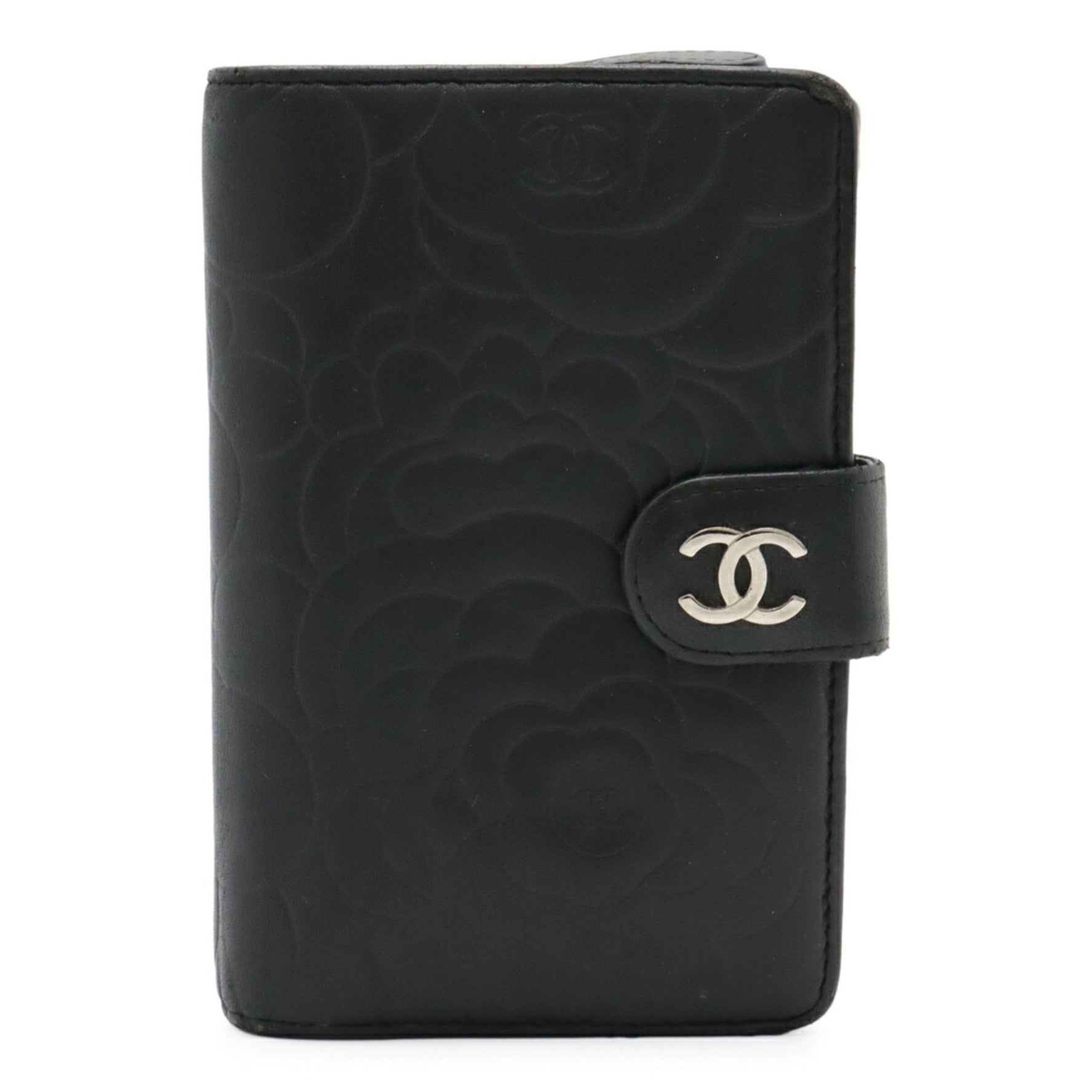 CHANEL Camellia Embossed Coco Mark Bi-fold Wallet Lambskin Leather
