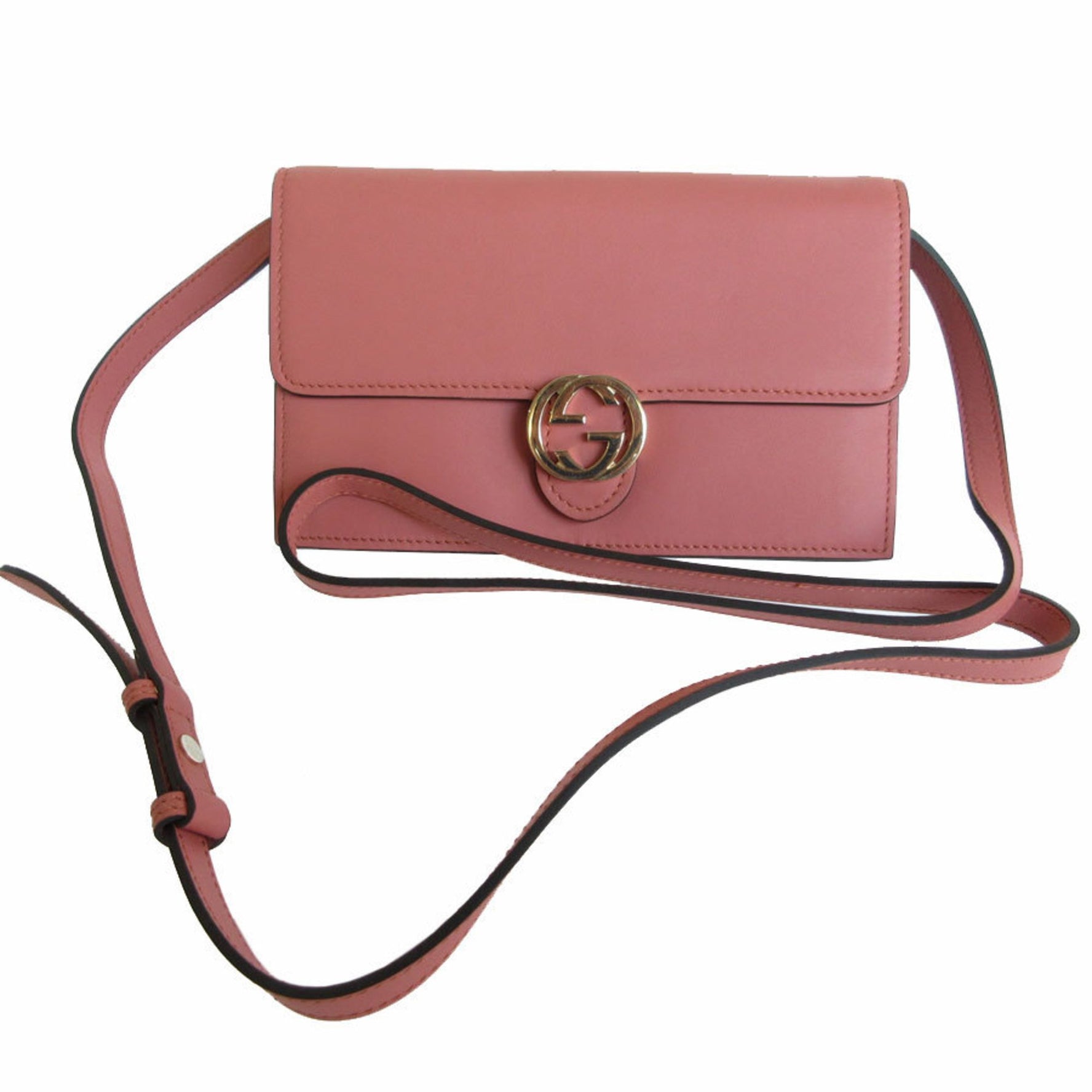 GUCCI Shoulder Bag Wallet Interlocking G Leather Pink Beige Light Gold