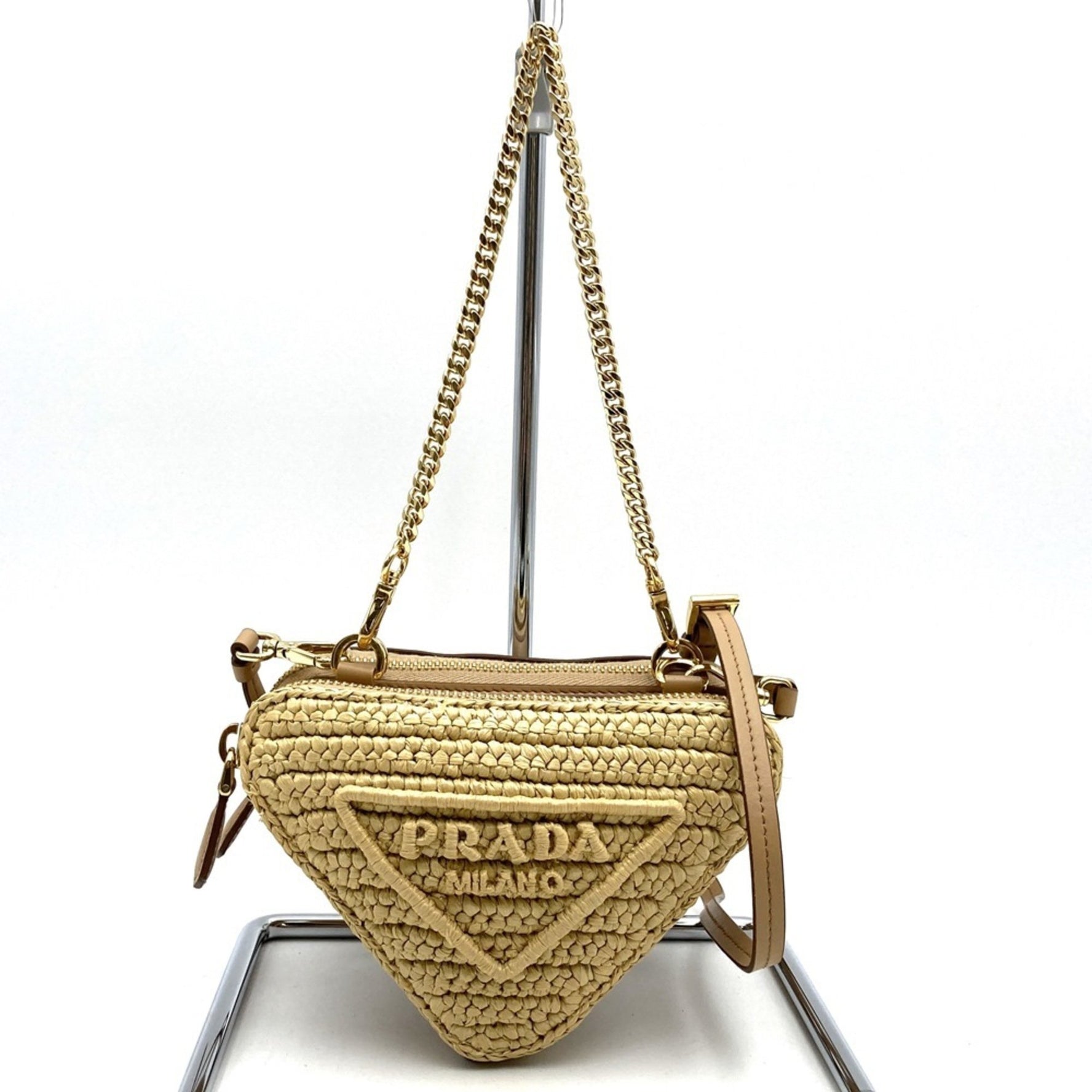 PRADA Triangle Shoulder Bag Chain Raffia
