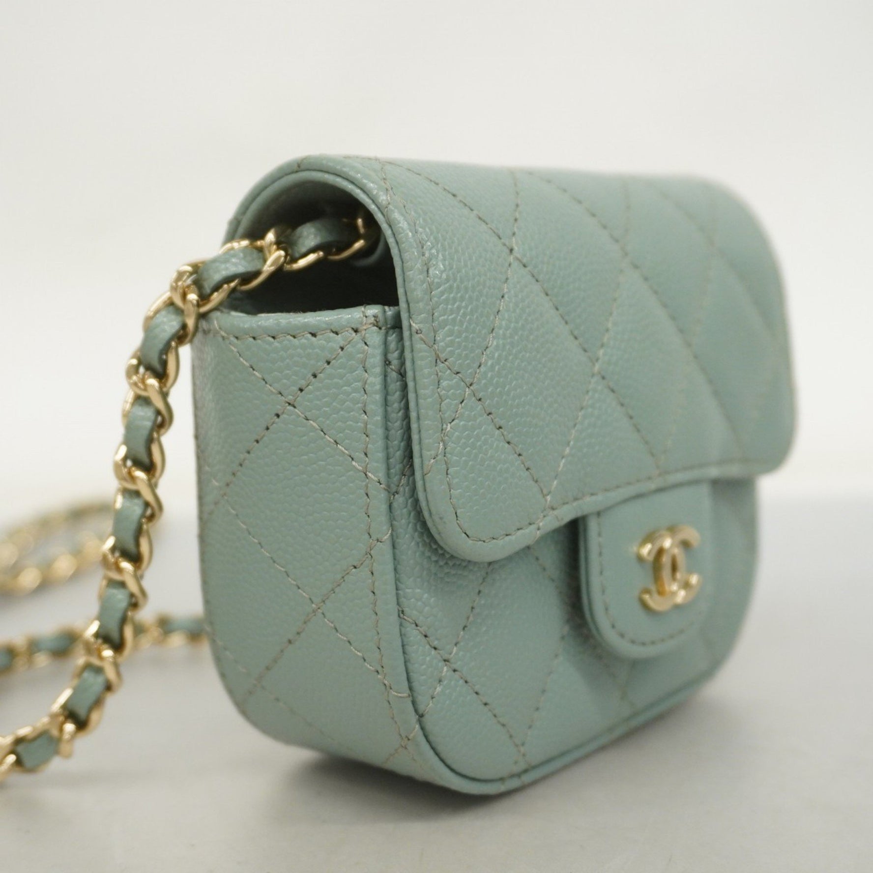 Chanel Matelasse Shoulder Bag with Chain, Caviar Leather, Blue-Green, Champagne