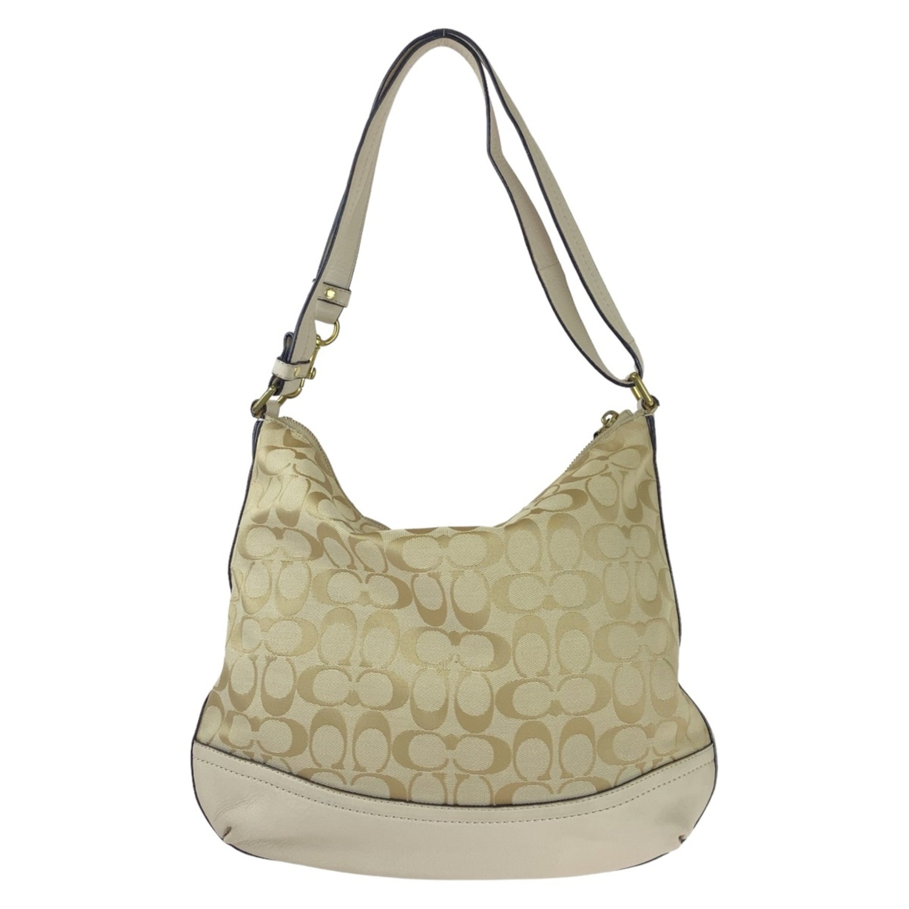 COACH Signature Beige Light Blue Gold Hardware Canvas Leather Hobo Shoulder Bag Crossbody