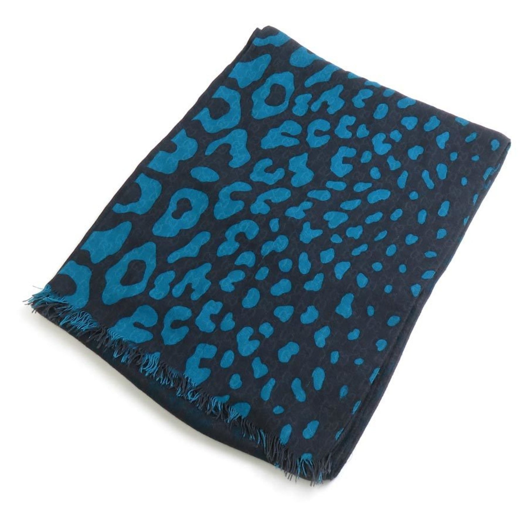 GUCCI shawl scarf muffler GG leopard rayon black blue