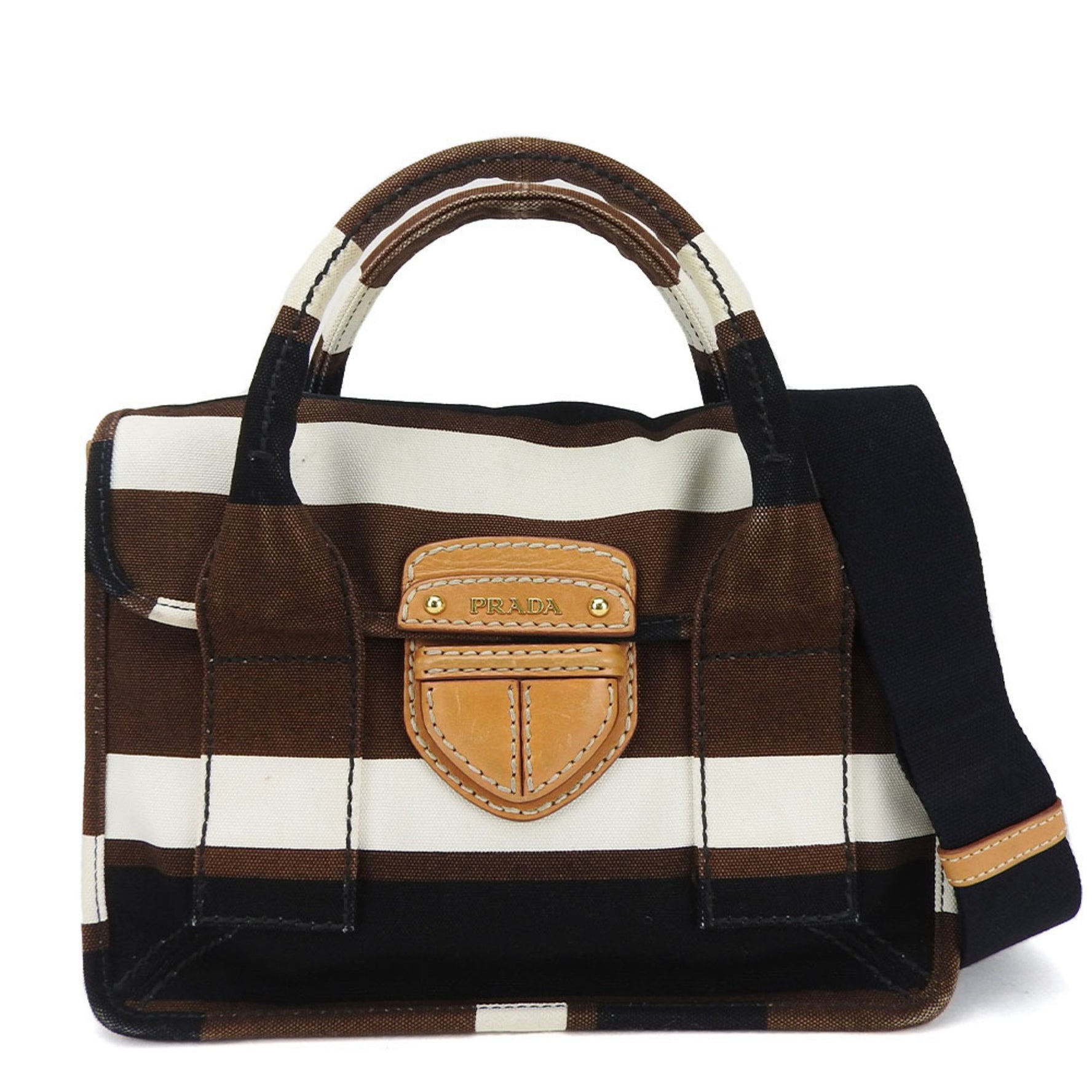 PRADA hand bag shoulder border canvas brown ivory black ladies