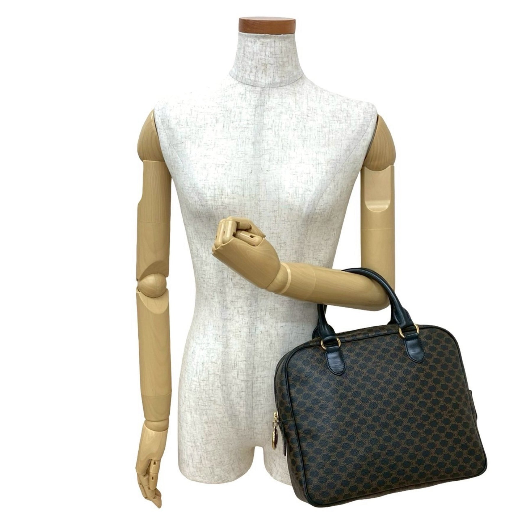 CELINE Vintage Macadam Blason Leather Handbag/Mini Boston Bag in Brown and Black (477-6)
