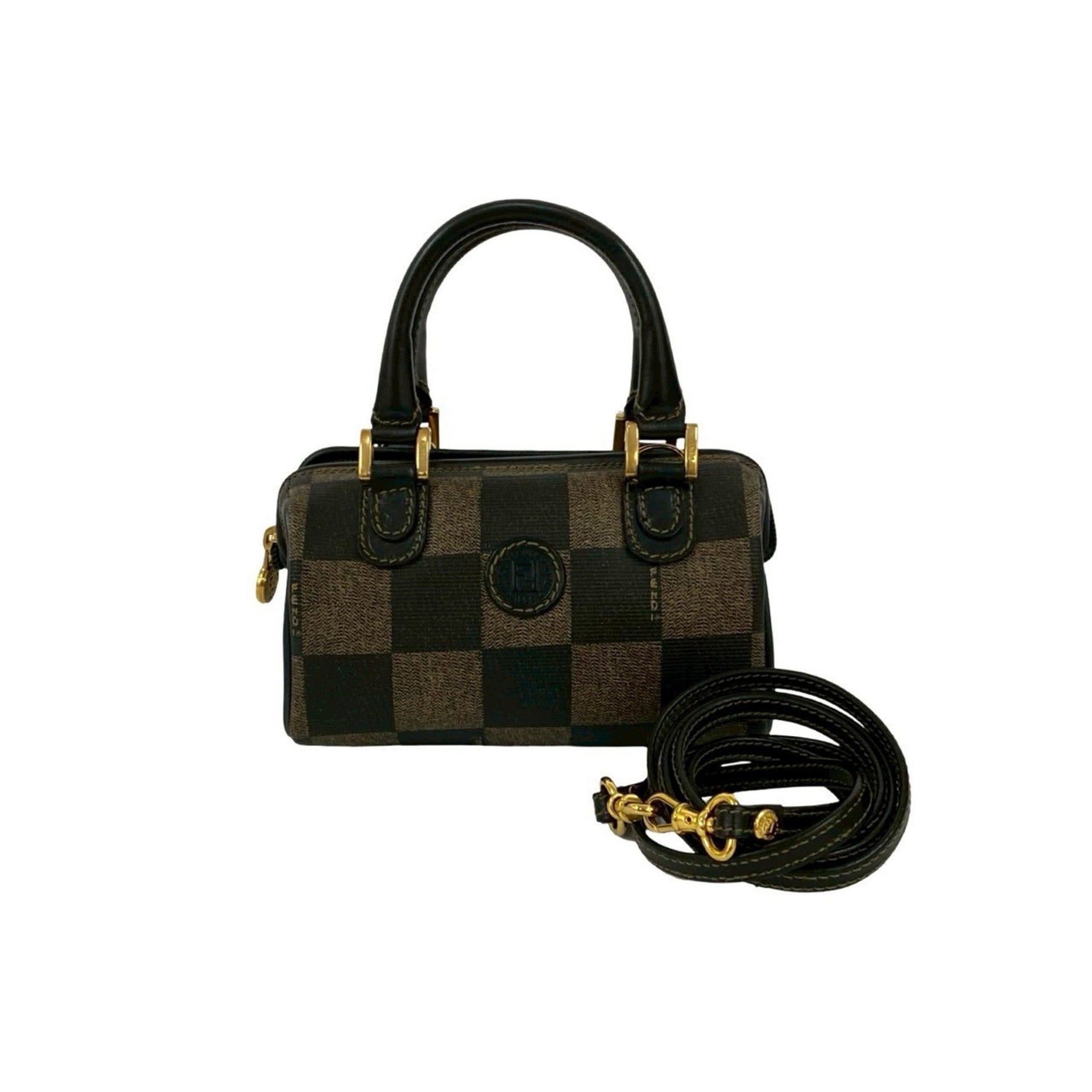 FENDI FF Logo Pecan Check Leather Mini Handbag/Shoulder Bag, Black