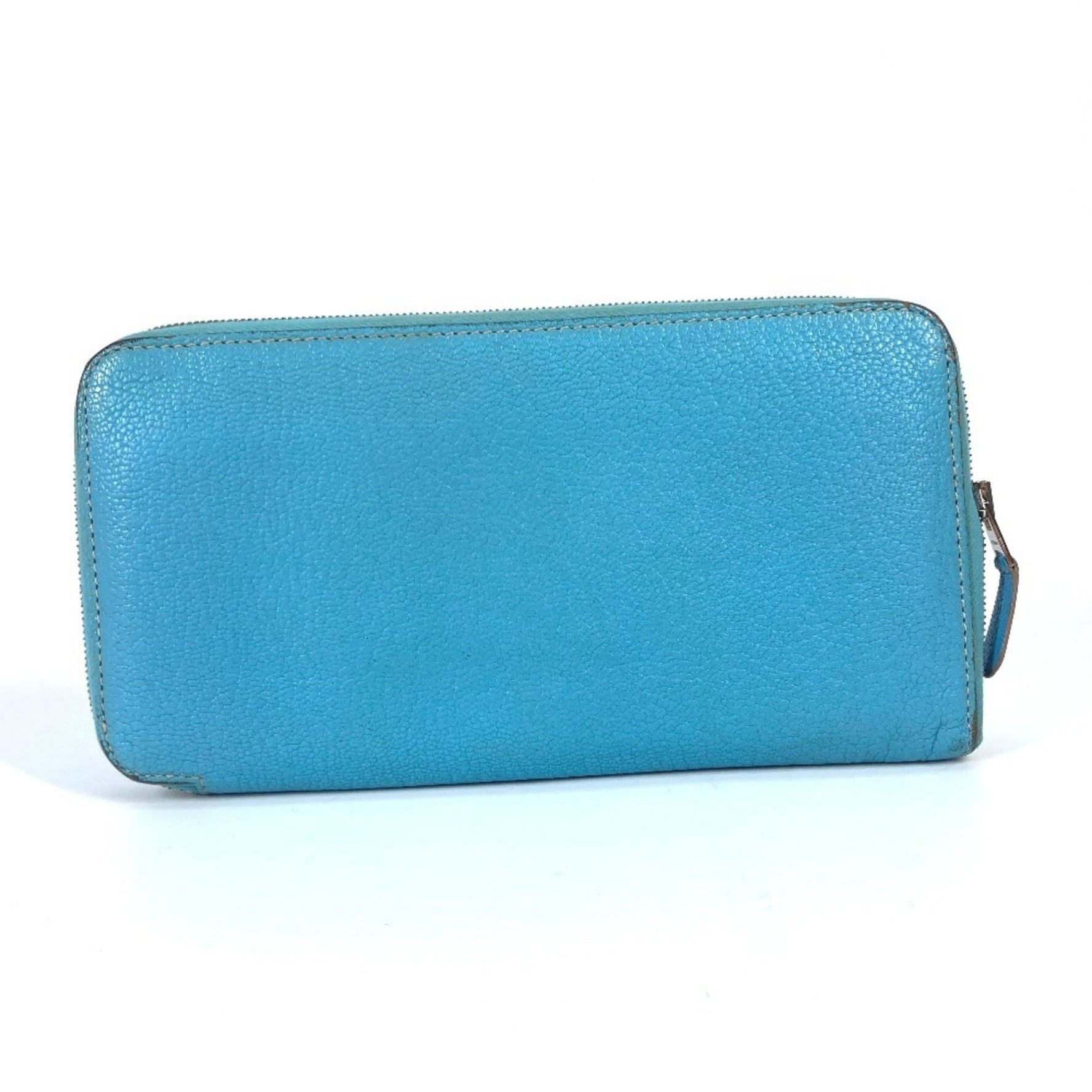 HERMES Evelyn punched logo round zipper long wallet, leather, jean.