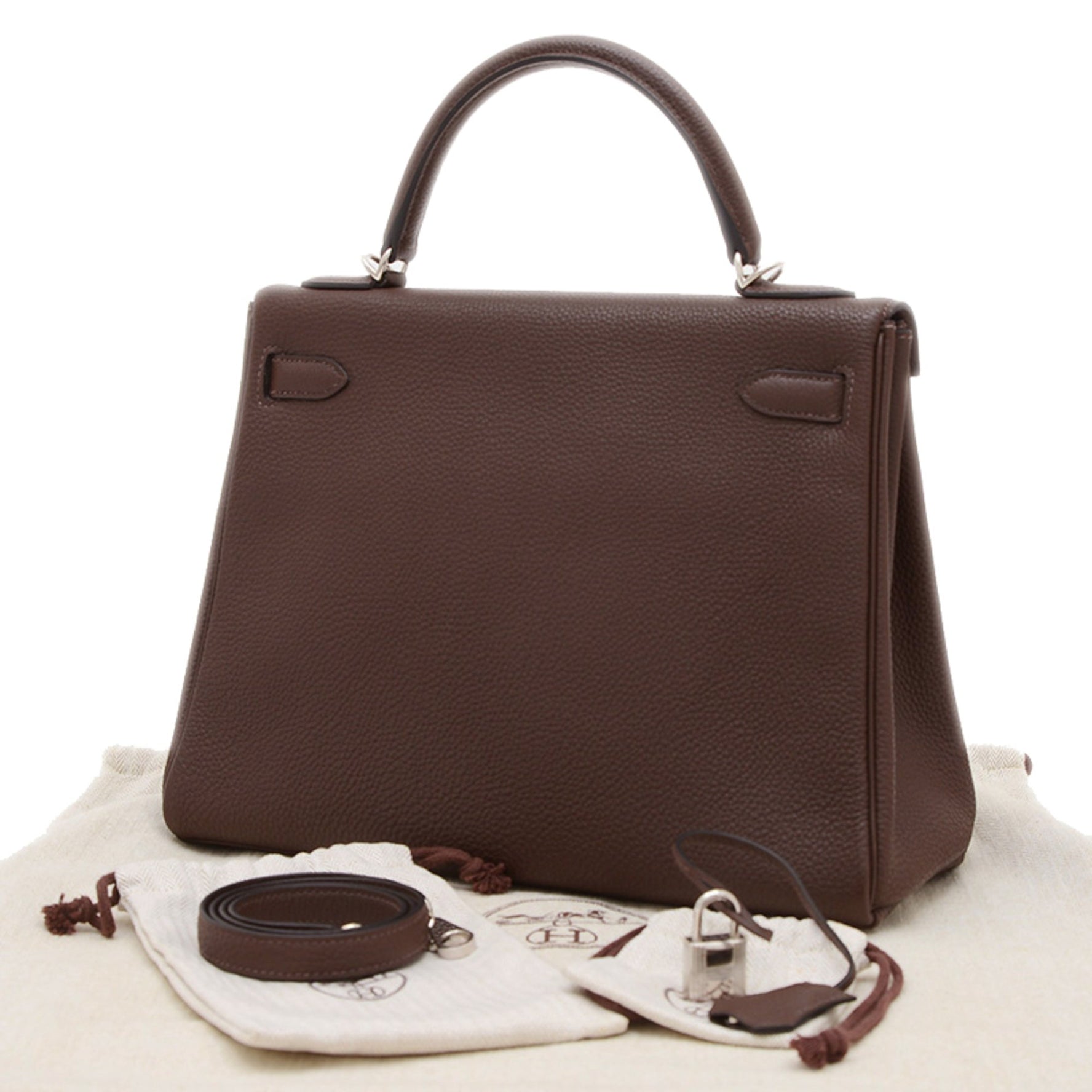 Hermes Hermès Kelly 32 Handbag, Togo Chocolate, Silver Hardware, Q Stamp